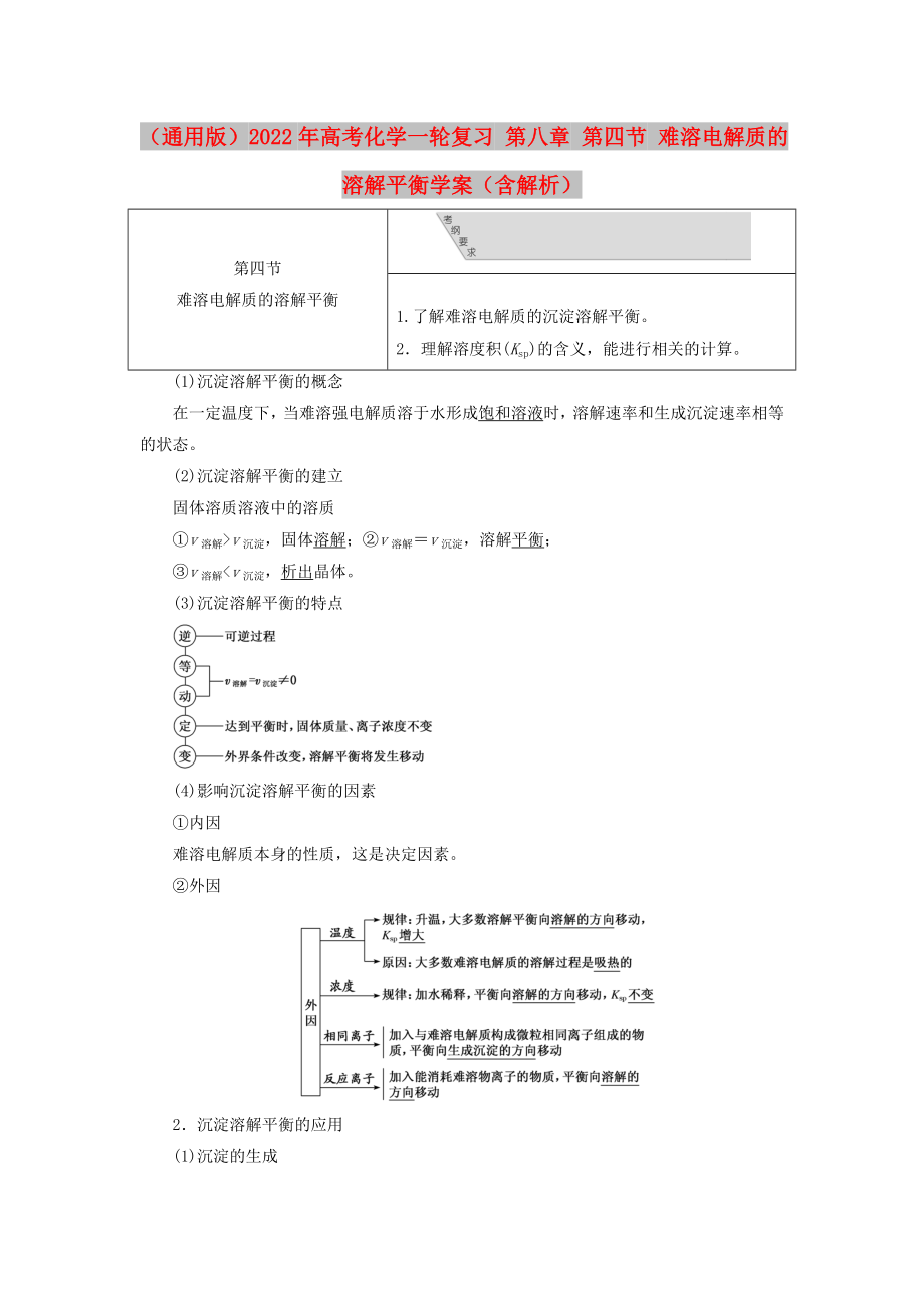 （通用版）2022年高考化學(xué)一輪復(fù)習(xí) 第八章 第四節(jié) 難溶電解質(zhì)的溶解平衡學(xué)案（含解析）_第1頁