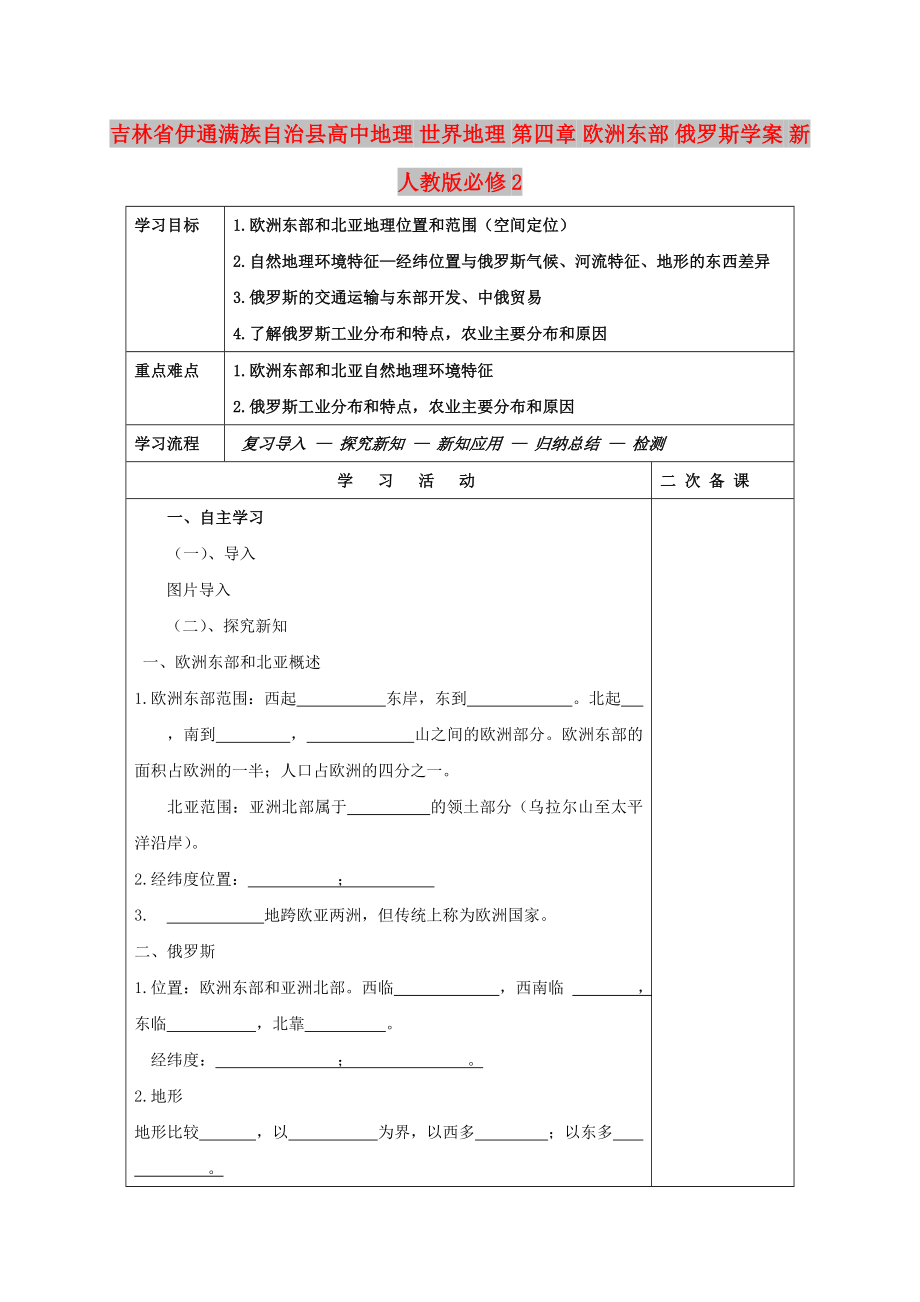 吉林省伊通满族自治县高中地理 世界地理 第四章 欧洲东部 俄罗斯学案 新人教版必修2_第1页