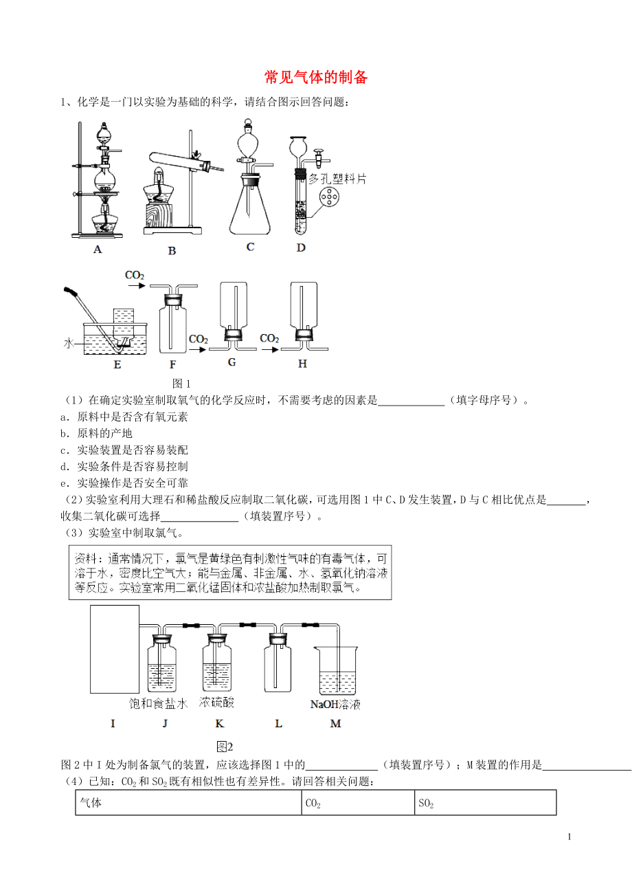 2019屆中考化學(xué)總復(fù)習(xí) 沖刺考點(diǎn)專題 常見氣體的制備（含解析）_第1頁