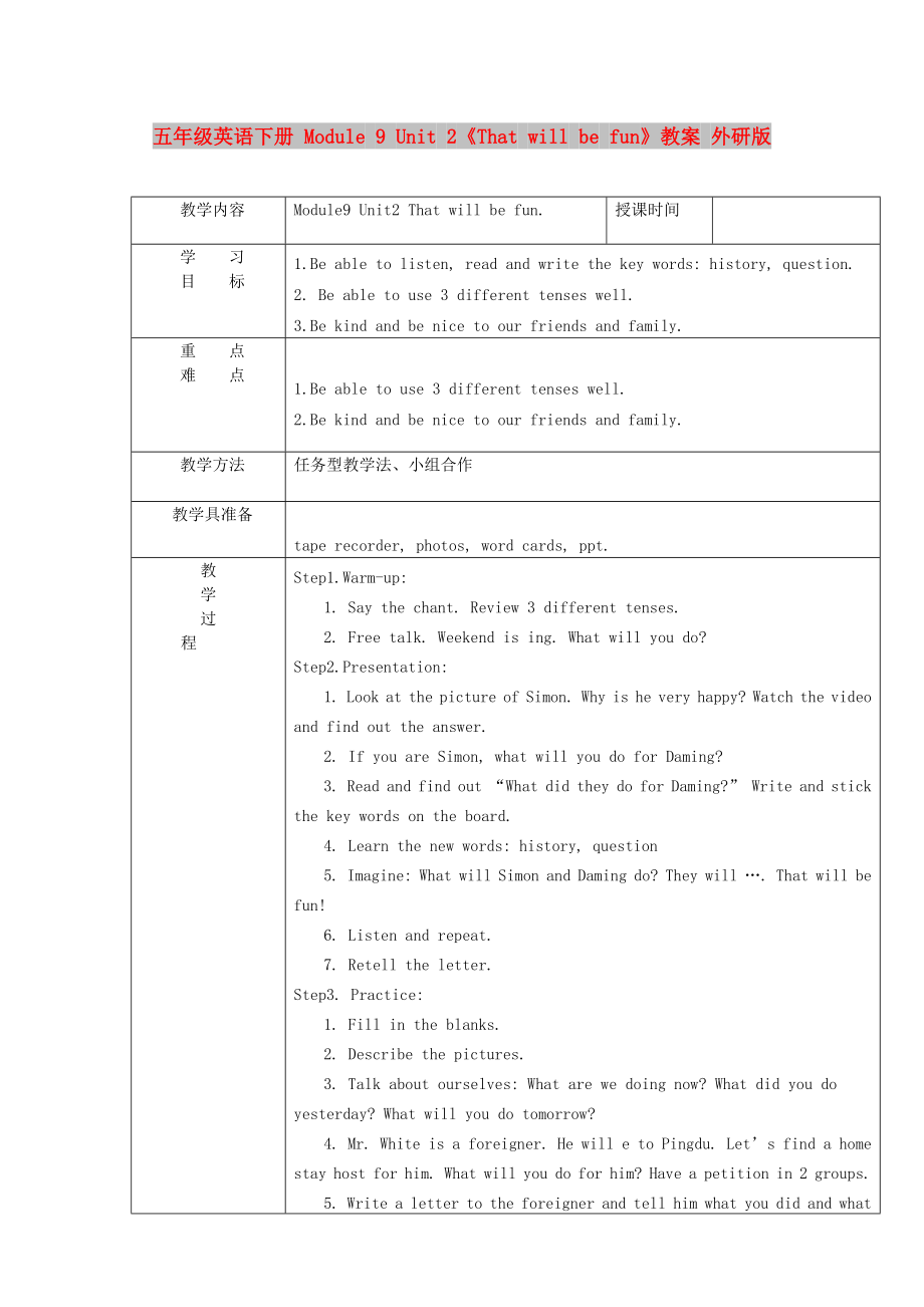 五年级英语下册 Module 9 Unit 2《That will be fun》教案 外研版_第1页