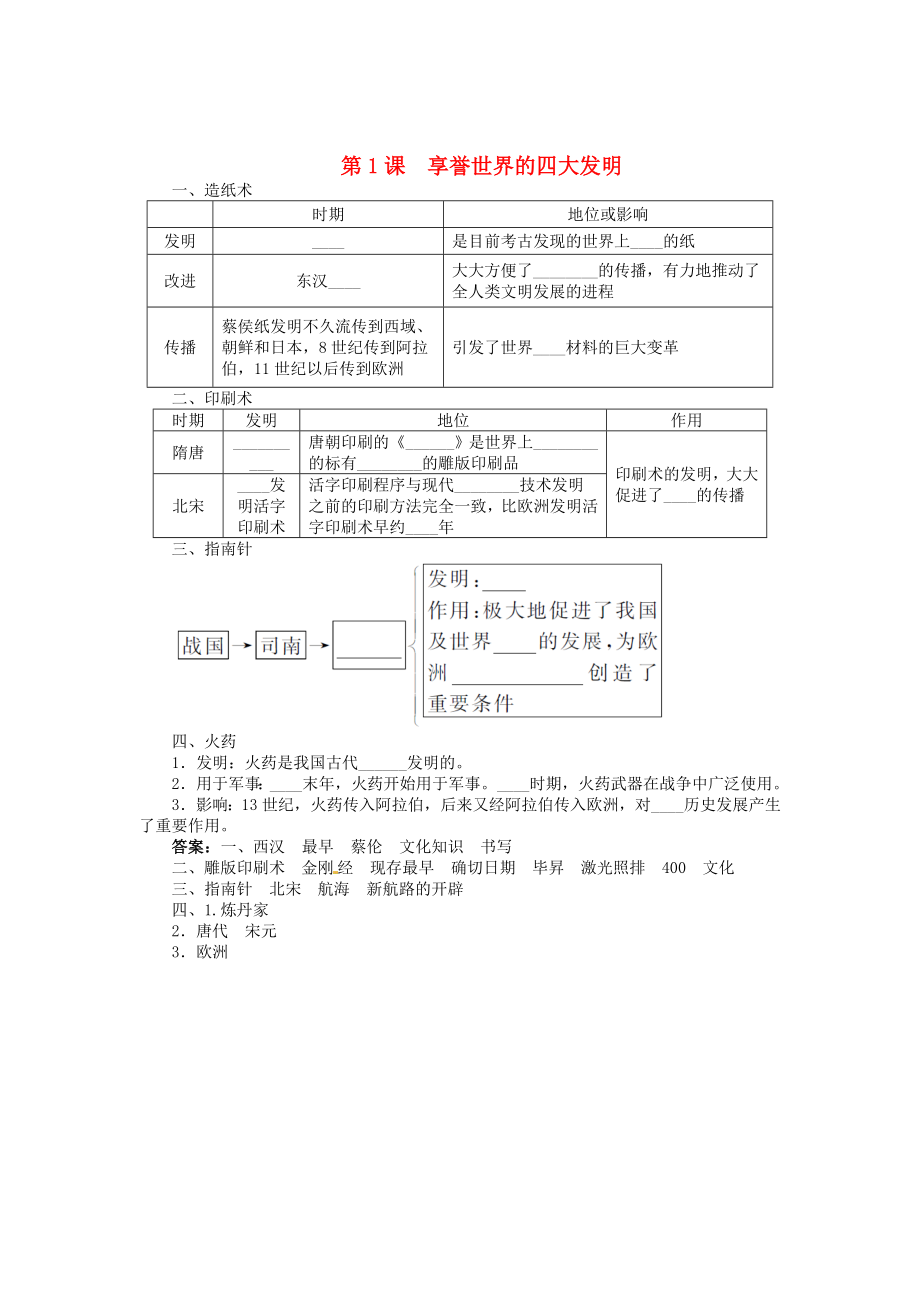 七年级历史下册 第四单元 第1课 享誉世界的四大发明同步练习 中图版（通用）_第1页