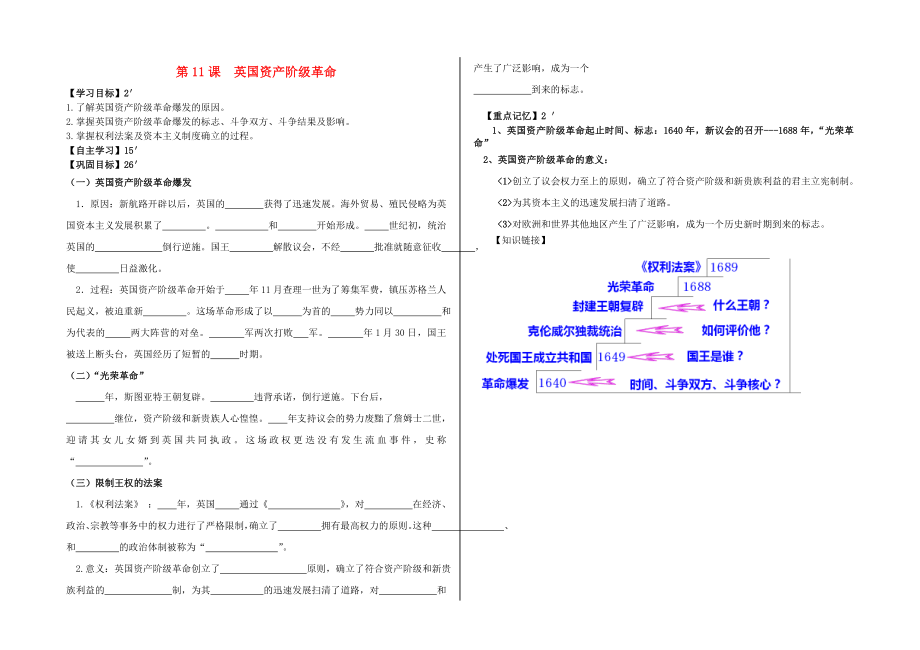 九年級歷史上冊 第四單元 資本主義制度的確立 第11課 英國資產(chǎn)階級革命學(xué)案（無答案） 北師大版（通用）_第1頁