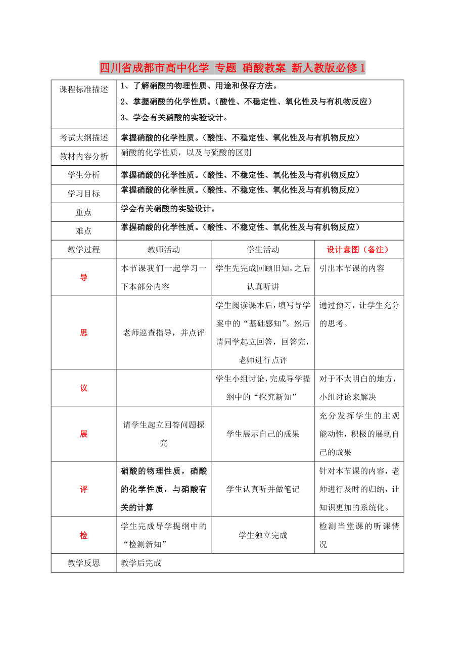 四川省成都市高中化學(xué) 專題 硝酸教案 新人教版必修1_第1頁(yè)