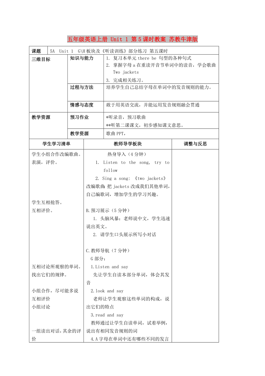 五年級(jí)英語(yǔ)上冊(cè) Unit 1 第5課時(shí)教案 蘇教牛津版_第1頁(yè)