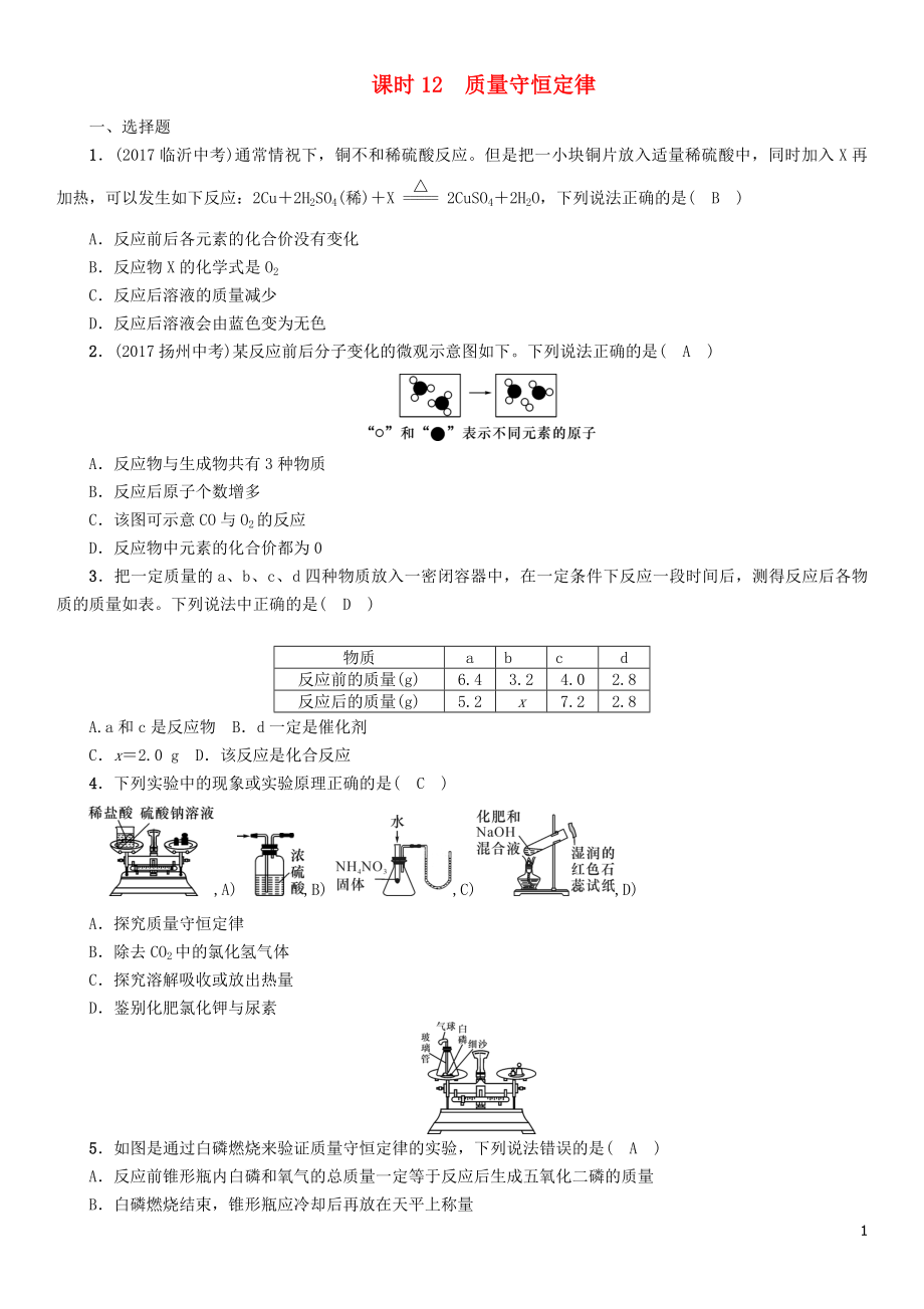 （河北專版）2018屆中考化學(xué)復(fù)習(xí) 第一編 教材知識(shí)梳理篇 模塊三 物質(zhì)的化學(xué)變化 課時(shí)12 質(zhì)量守恒定律練習(xí)_第1頁(yè)