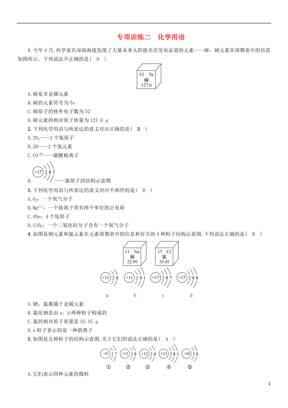 （百色專版）2019屆中考化學(xué)畢業(yè)總復(fù)習(xí) 第2編 重點(diǎn)專題突破篇 專項(xiàng)訓(xùn)練2 化學(xué)用語檢測(cè)_第1頁