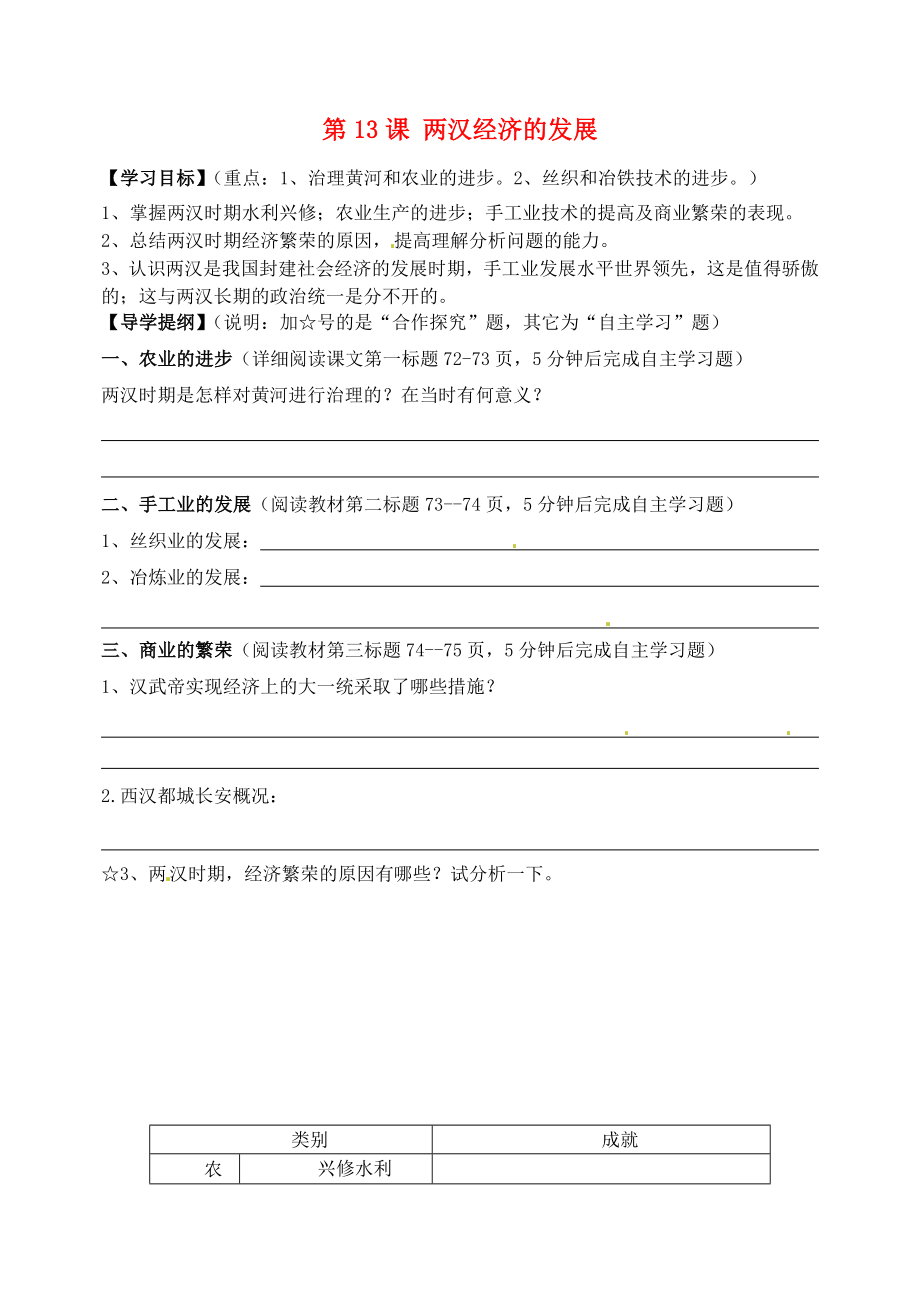 吉林省東遼縣安石鎮(zhèn)第二中學(xué)校七年級歷史上冊 第13課 兩漢經(jīng)濟(jì)的發(fā)展學(xué)案1（無答案） 新人教版_第1頁