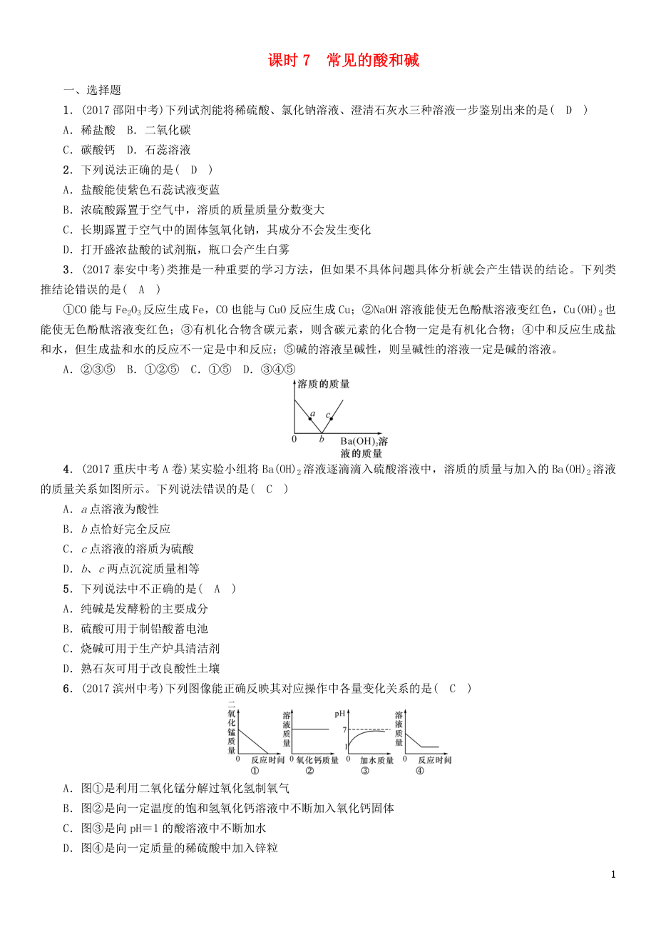 （河北專版）2018屆中考化學(xué)復(fù)習(xí) 第一編 教材知識梳理篇 模塊一 身邊的化學(xué)物質(zhì) 課時7 常見的酸和堿練習(xí)_第1頁