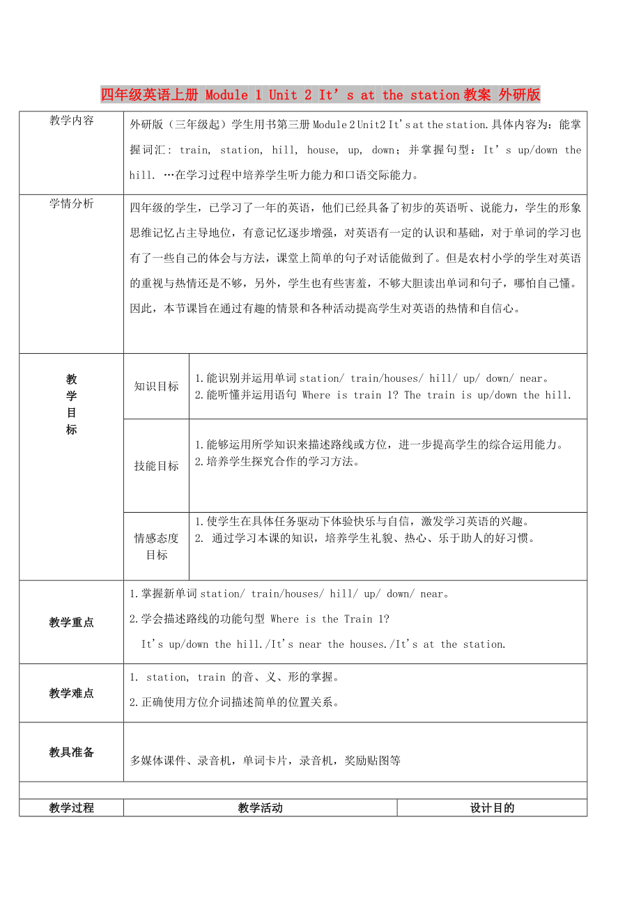 四年级英语上册 Module 1 Unit 2 It’s at the station教案 外研版_第1页