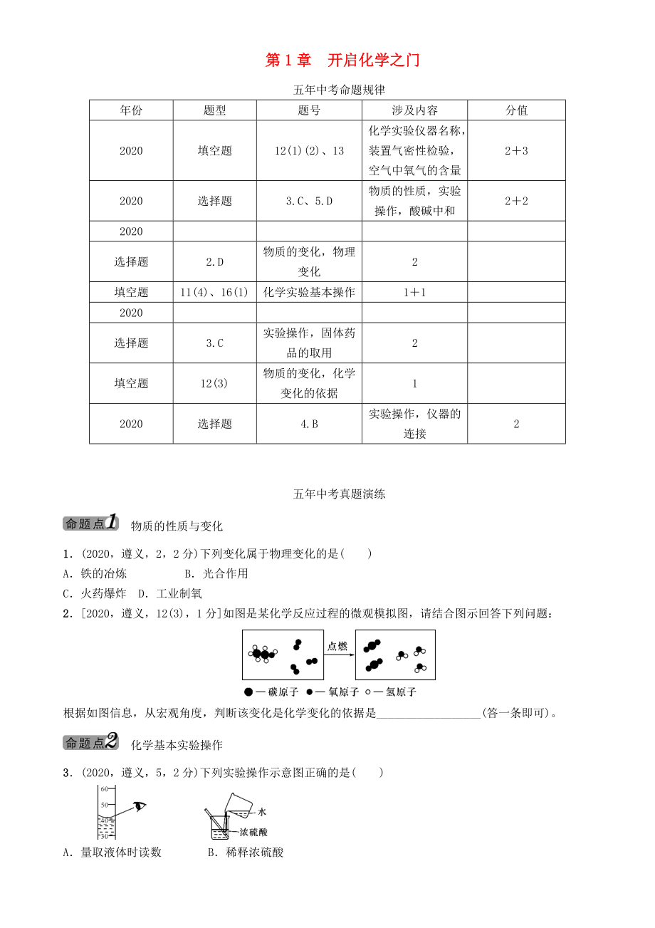 中考命題研究（遵義）2020中考化學 教材知識梳理 第1章 開啟化學之門（無答案）_第1頁