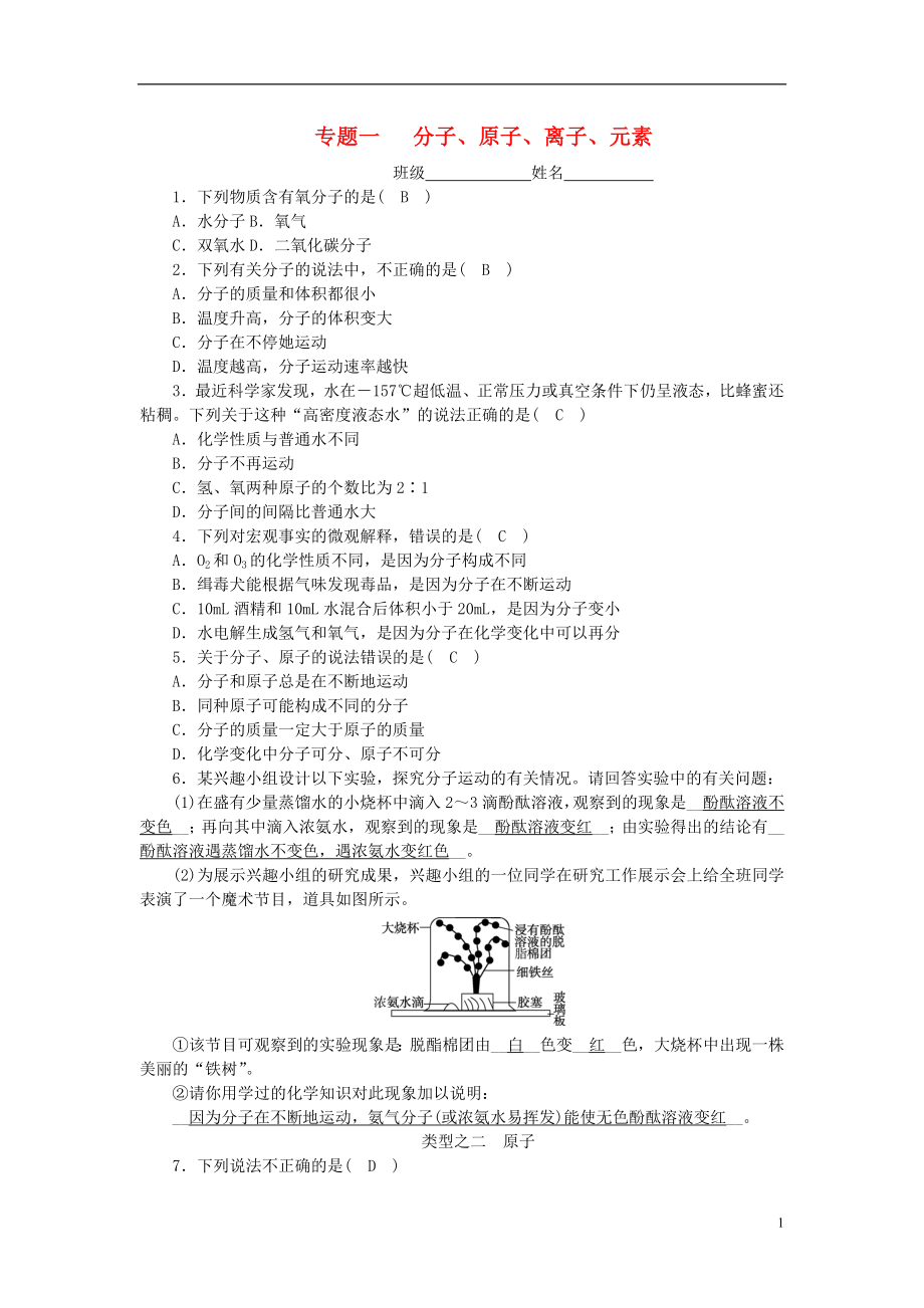 2018-2019學(xué)年度九年級(jí)化學(xué)上冊(cè) 期末專題一 分子、原子、離子、元素課時(shí)練習(xí) （新版）魯教版_第1頁(yè)