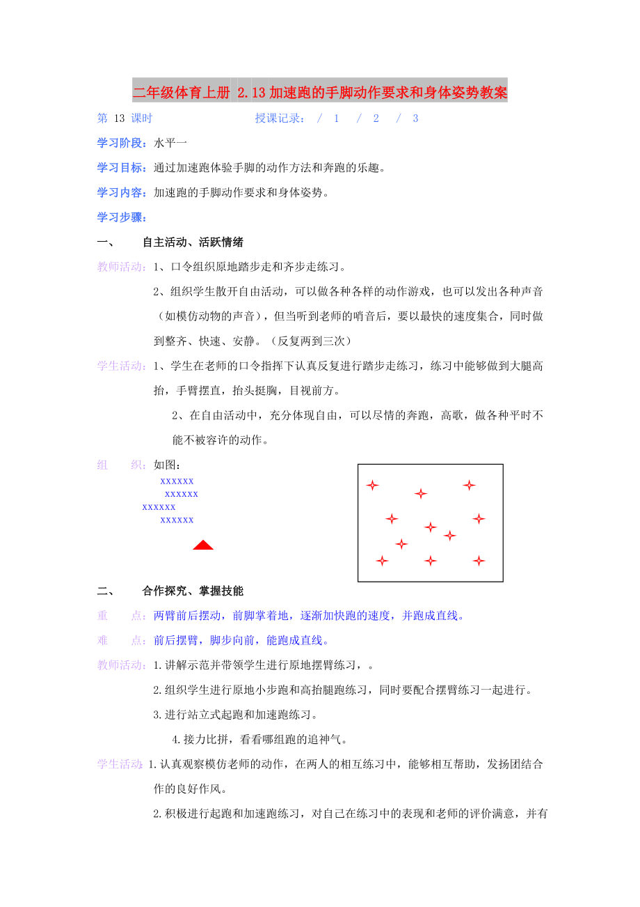 二年級(jí)體育上冊(cè) 2.13加速跑的手腳動(dòng)作要求和身體姿勢(shì)教案_第1頁(yè)