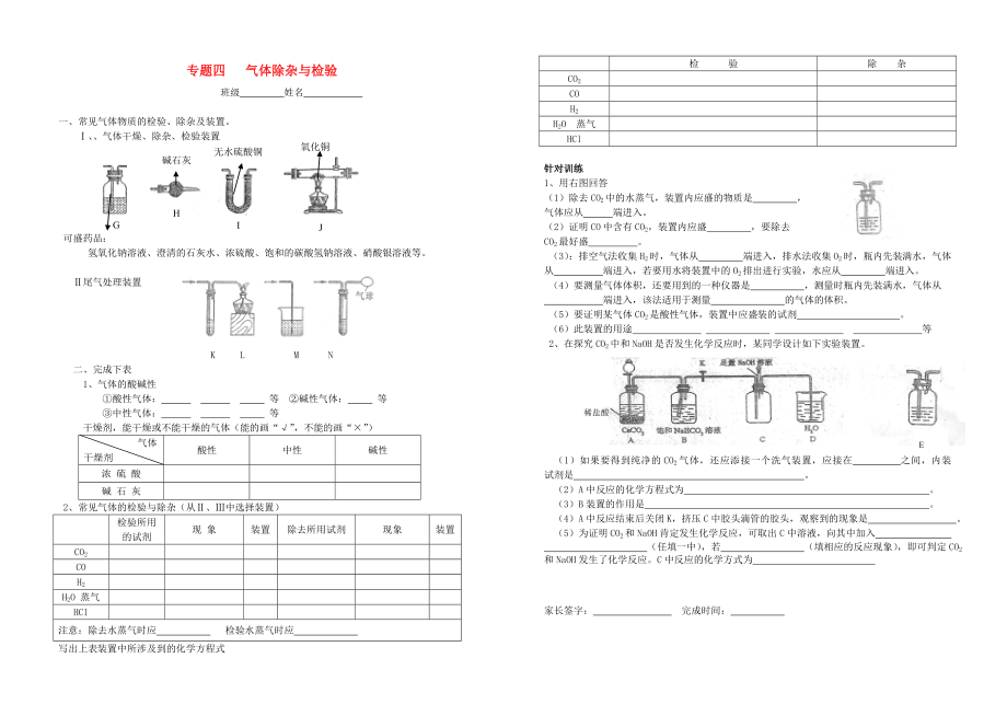 山東省濟寧市第十三中學(xué)2020屆九年級化學(xué)全冊 專題四 氣體除雜與檢驗練習(xí)（無答案） 魯教版五四制_第1頁