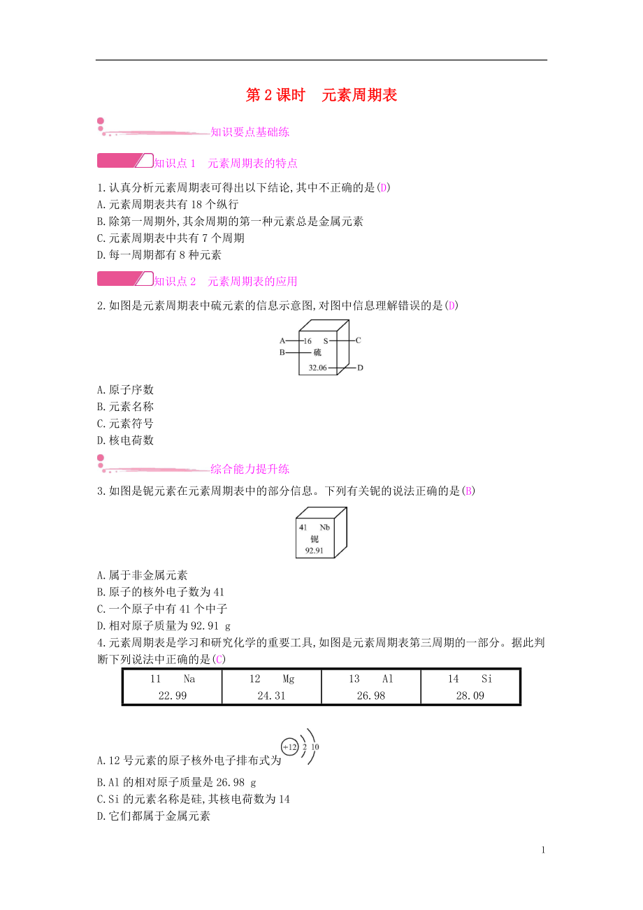 2018年秋九年級(jí)化學(xué)上冊(cè) 第三單元 物質(zhì)構(gòu)成的奧秘 課題3 元素 第2課時(shí) 元素周期表課時(shí)作業(yè) （新版）新人教版_第1頁(yè)