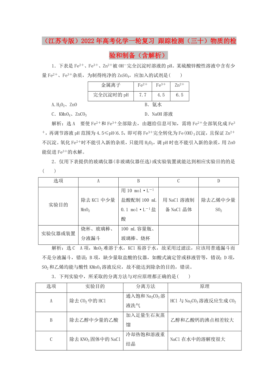 （江蘇專(zhuān)版）2022年高考化學(xué)一輪復(fù)習(xí) 跟蹤檢測(cè)（三十）物質(zhì)的檢驗(yàn)和制備（含解析）_第1頁(yè)