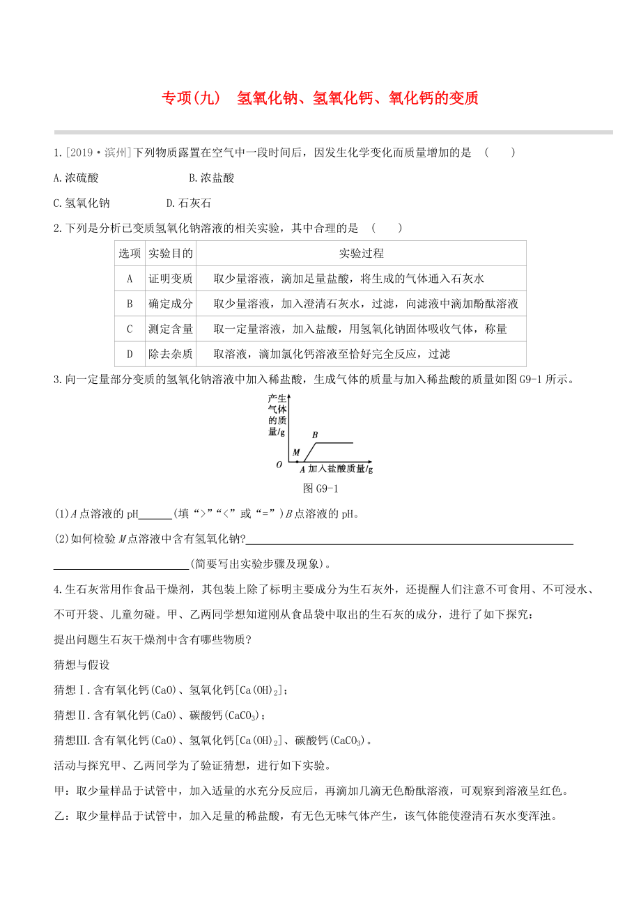 （江西專版）2020中考化學復習方案 專項09 氫氧化鈉、氫氧化鈣、氧化鈣的變質(zhì)試題_第1頁