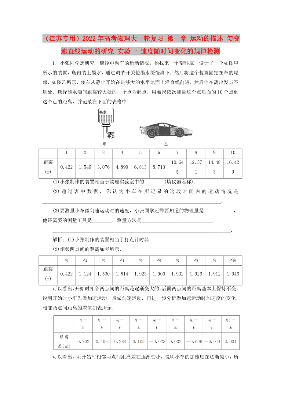 （江蘇專用）2022年高考物理大一輪復(fù)習(xí) 第一章 運動的描述 勻變速直線運動的研究 實驗一 速度隨時間變化的規(guī)律檢測_第1頁