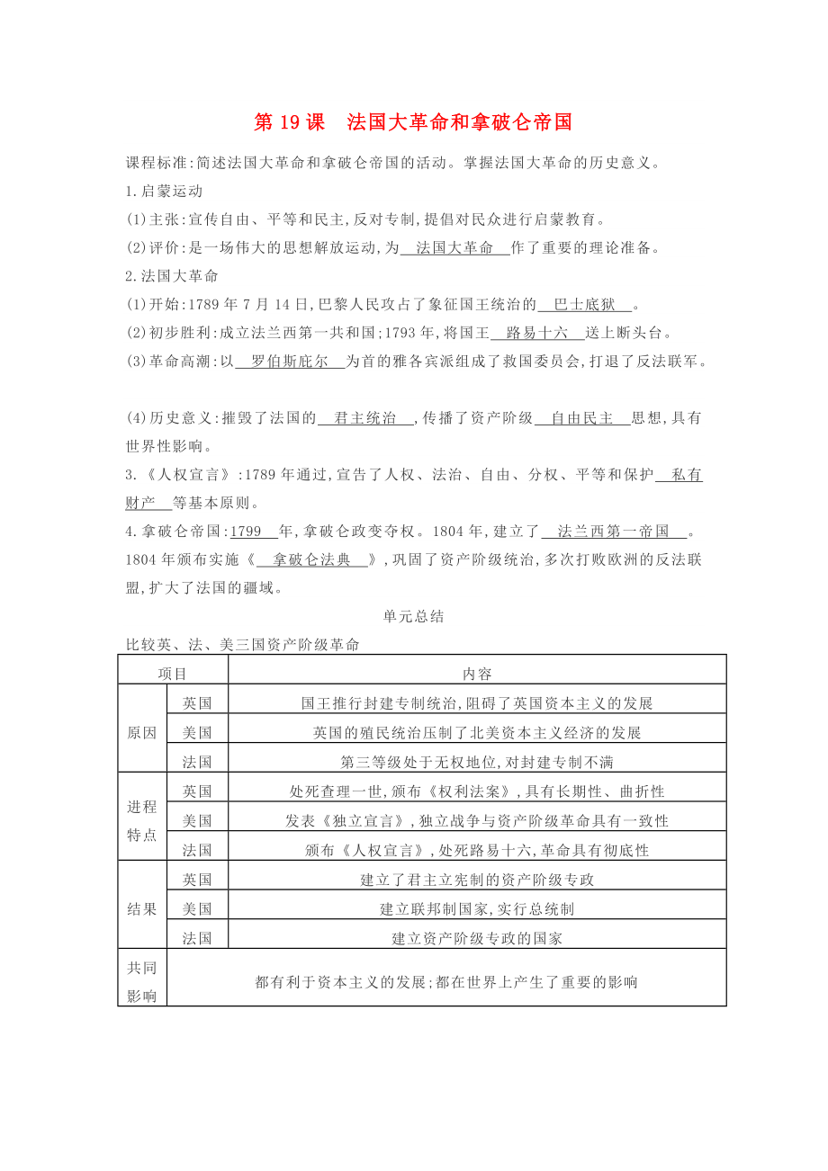 2020秋九年級歷史上冊 第六單元 第19課 法國大革命和拿破侖帝國知識提綱 新人教版_第1頁