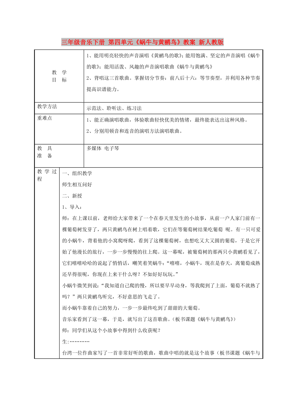 三年級音樂下冊 第四單元《蝸牛與黃鸝鳥》教案 新人教版_第1頁