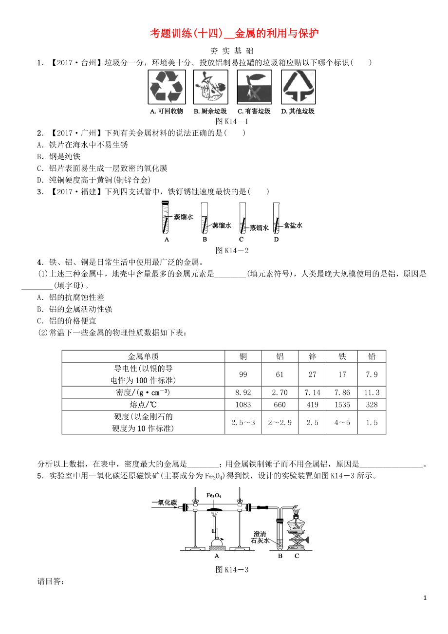 2018版中考化學(xué)復(fù)習(xí)方案 考題訓(xùn)練（十四）金屬的利用與保護(hù)練習(xí) （新版）魯教版_第1頁