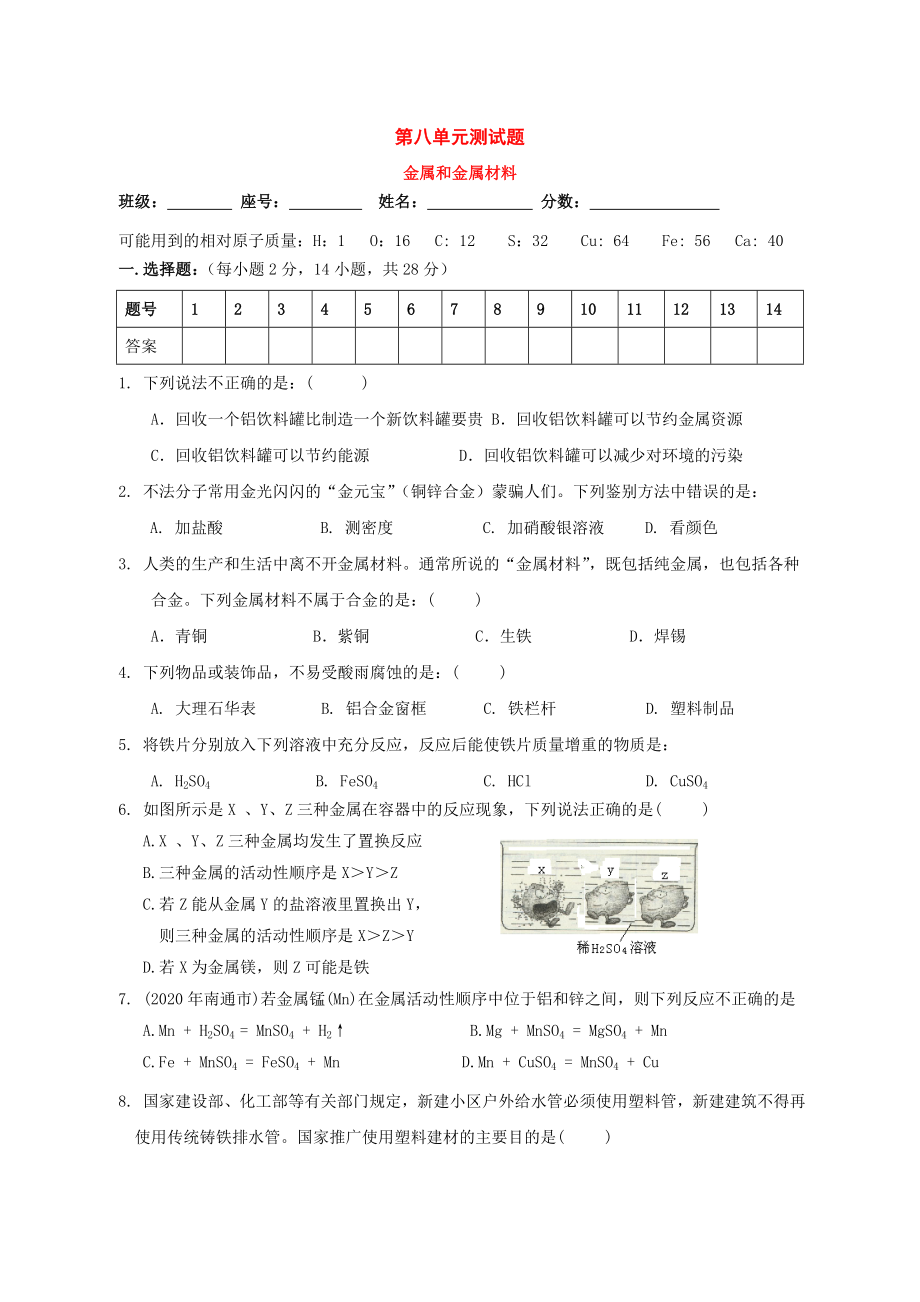 九年級(jí)化學(xué)下冊(cè)：第八單元 金屬和金屬材料單元測(cè)試（人教新課標(biāo)版）_第1頁