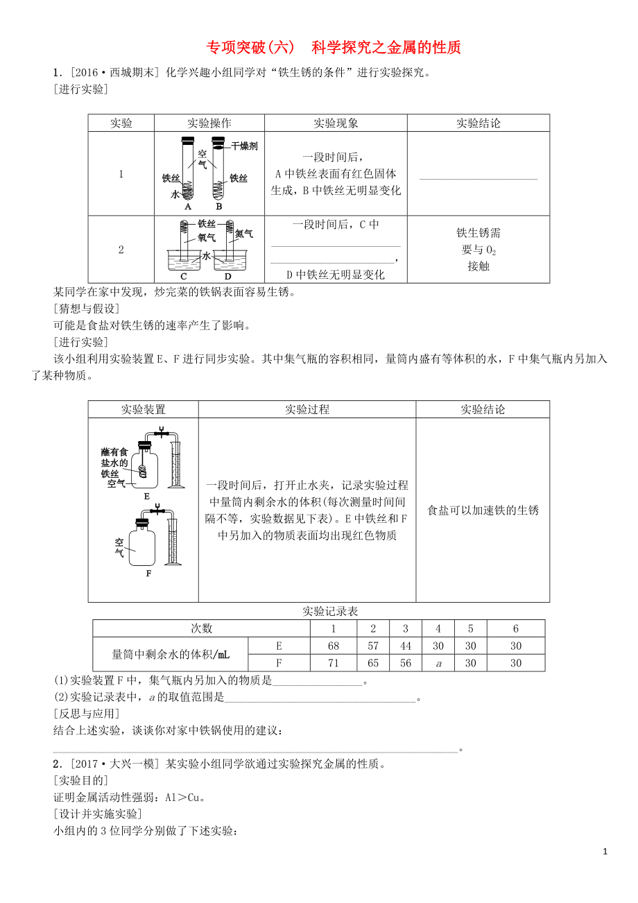 北京市2018年中考化學(xué)基礎(chǔ)復(fù)習(xí) 專項(xiàng)突破（六）科學(xué)探究之金屬的性質(zhì)練習(xí)_第1頁