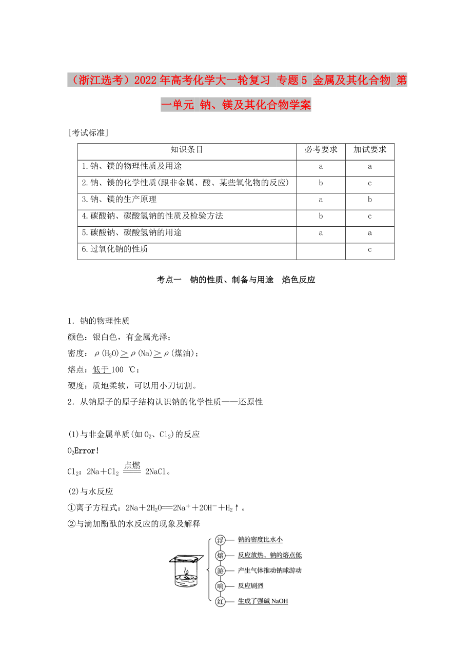 （浙江選考）2022年高考化學(xué)大一輪復(fù)習(xí) 專(zhuān)題5 金屬及其化合物 第一單元 鈉、鎂及其化合物學(xué)案_第1頁(yè)