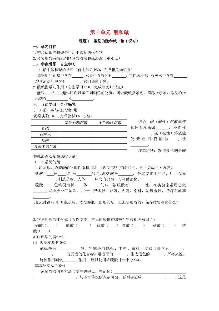 山西省垣曲縣華峰初級中學(xué)九年級化學(xué)下冊 第十單元 課題1 常見的酸和堿（第1課時）導(dǎo)學(xué)案（無答案）（新版）新人教版_第1頁