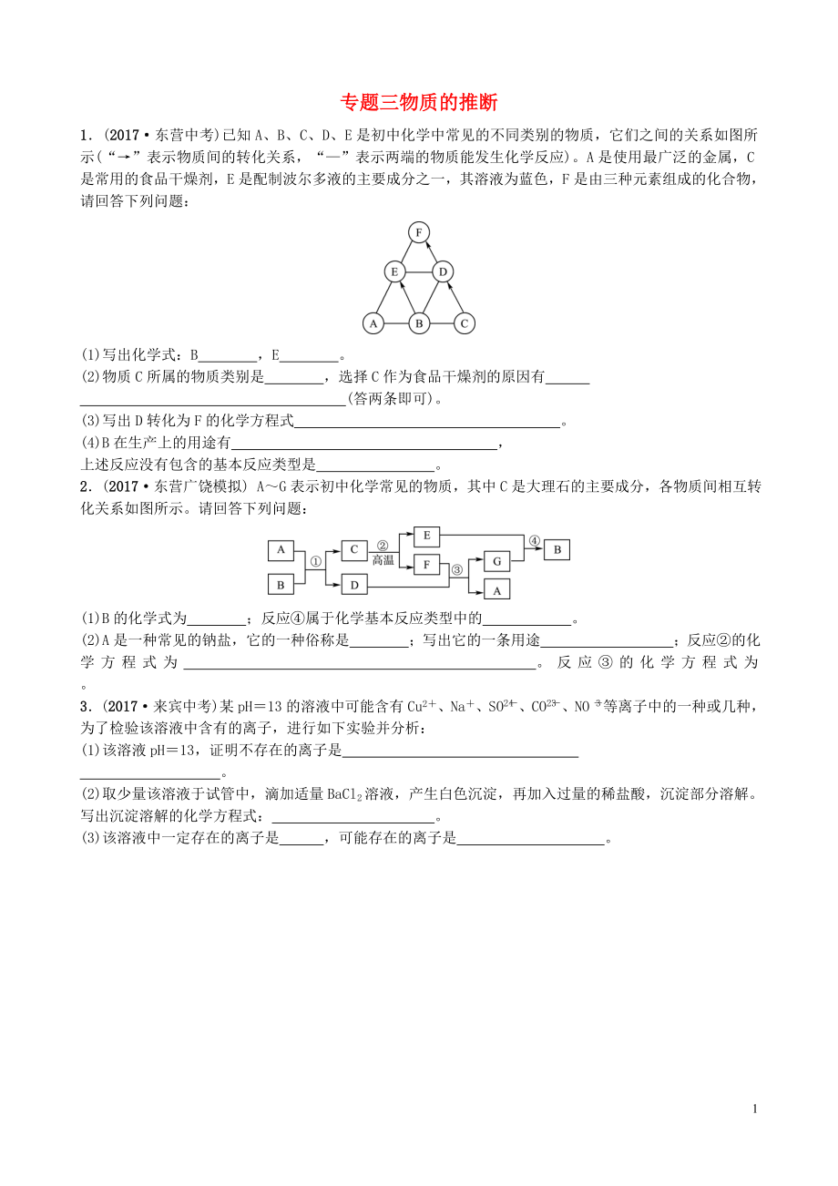 山東省東營市2018年中考化學復習 專題三 物質(zhì)的推斷練習_第1頁