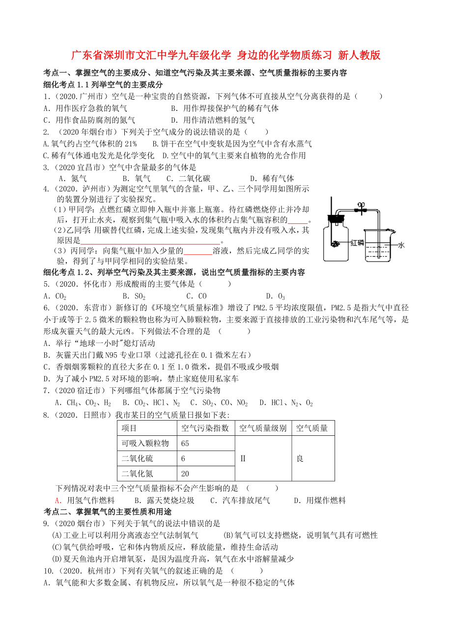 廣東省深圳市文匯中學九年級化學 身邊的化學物質(zhì)練習（無答案） 新人教版（通用）_第1頁