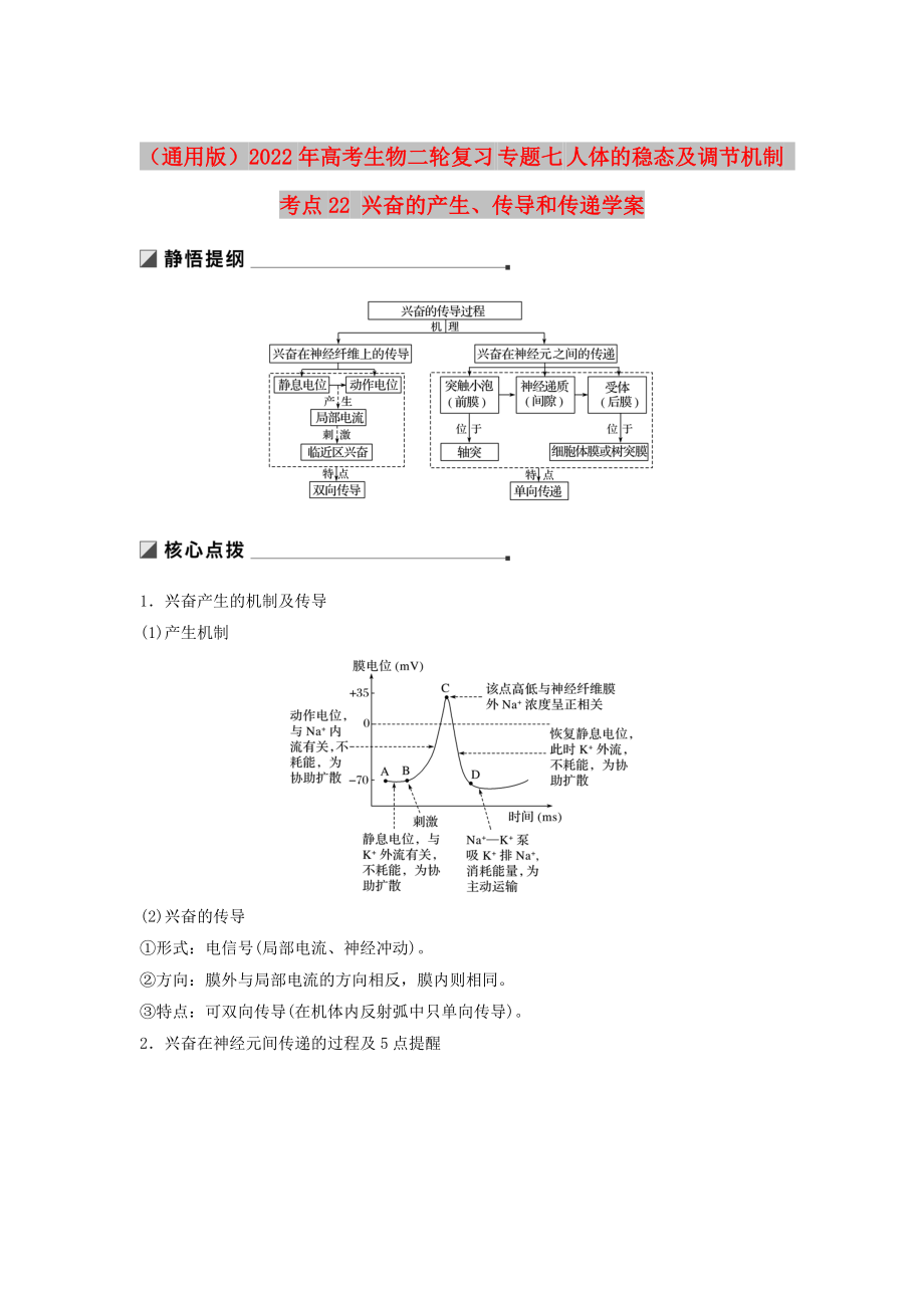 （通用版）2022年高考生物二輪復(fù)習(xí) 專題七 人體的穩(wěn)態(tài)及調(diào)節(jié)機(jī)制 考點(diǎn)22 興奮的產(chǎn)生、傳導(dǎo)和傳遞學(xué)案_第1頁