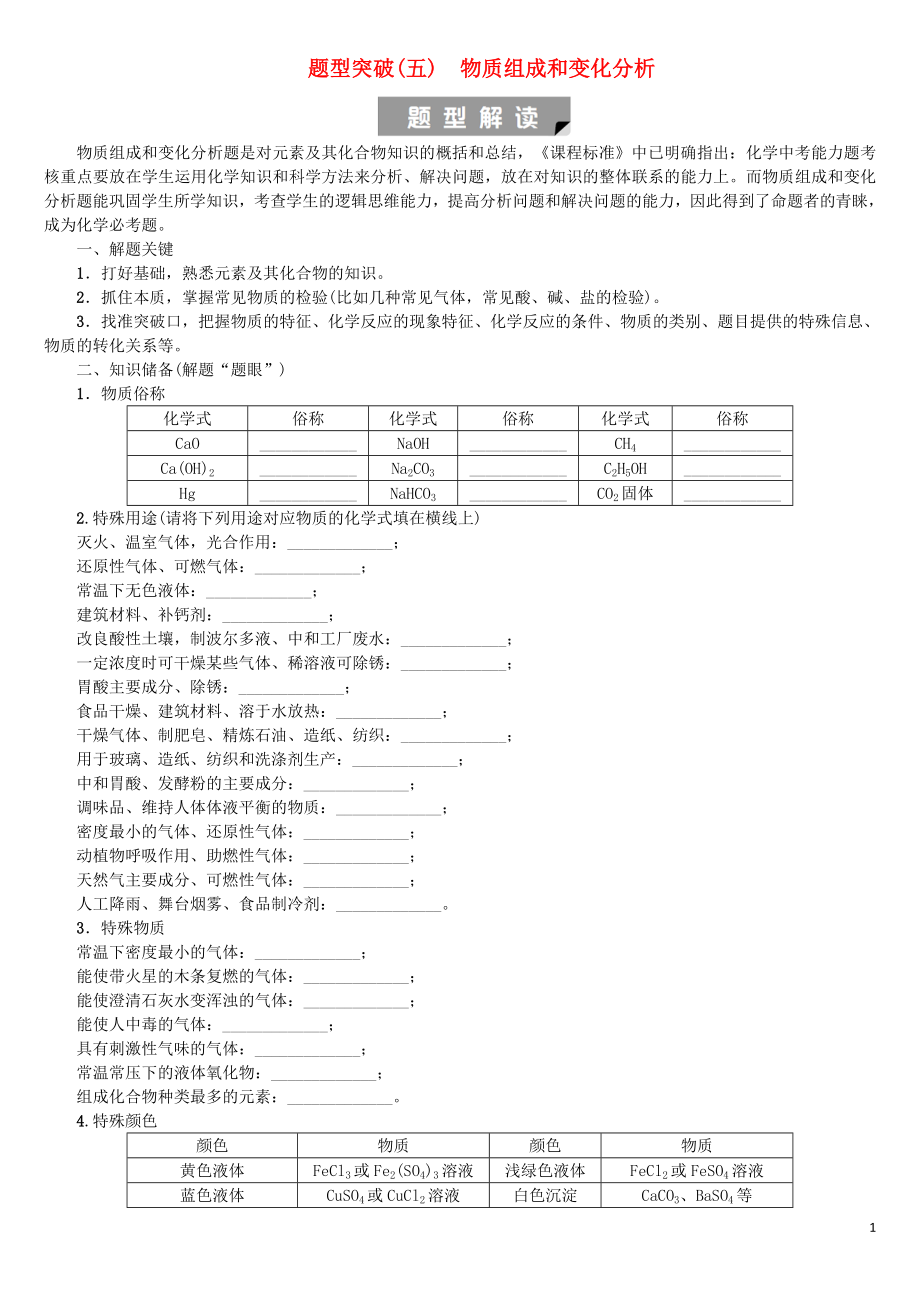 北京市2018年中考化學(xué)基礎(chǔ)復(fù)習(xí) 題型突破（五）物質(zhì)組成和變化分析練習(xí)_第1頁(yè)