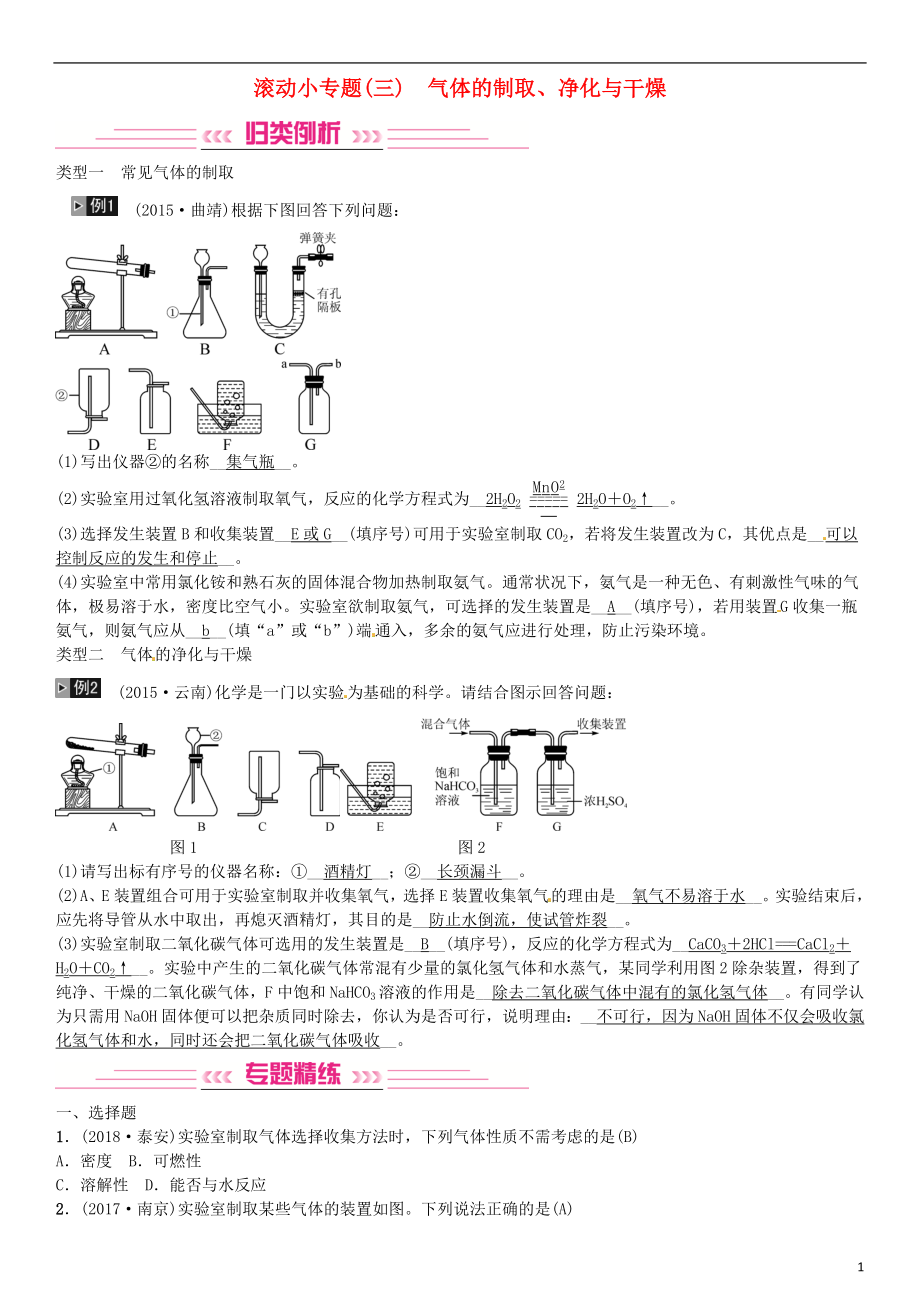 （云南專版）2019年中考化學(xué)總復(fù)習(xí) 滾動小專題（三）氣體的制取、凈化與干燥習(xí)題_第1頁