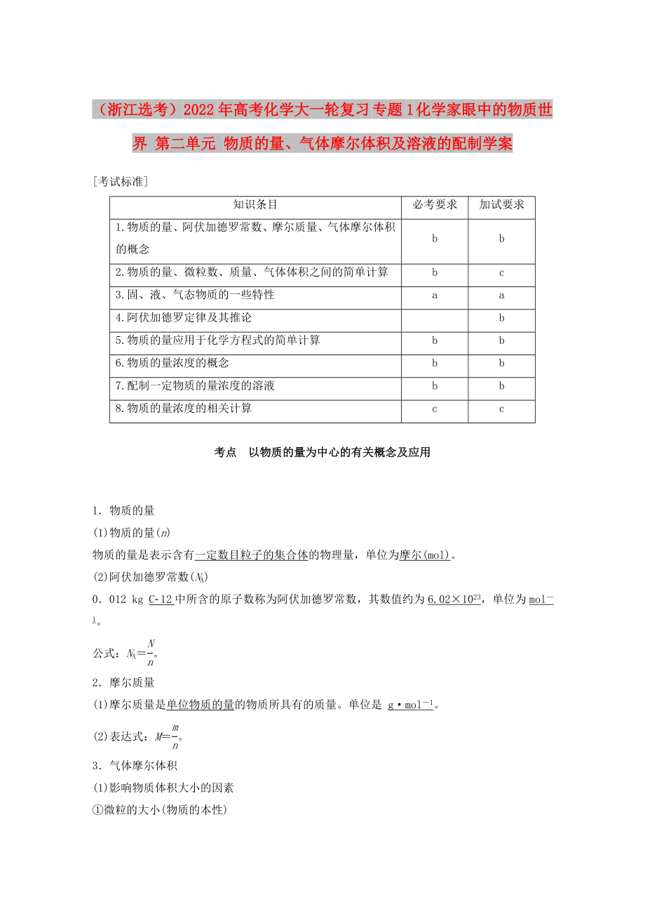 （浙江選考）2022年高考化學(xué)大一輪復(fù)習(xí) 專題1 化學(xué)家眼中的物質(zhì)世界 第二單元 物質(zhì)的量、氣體摩爾體積及溶液的配制學(xué)案_第1頁