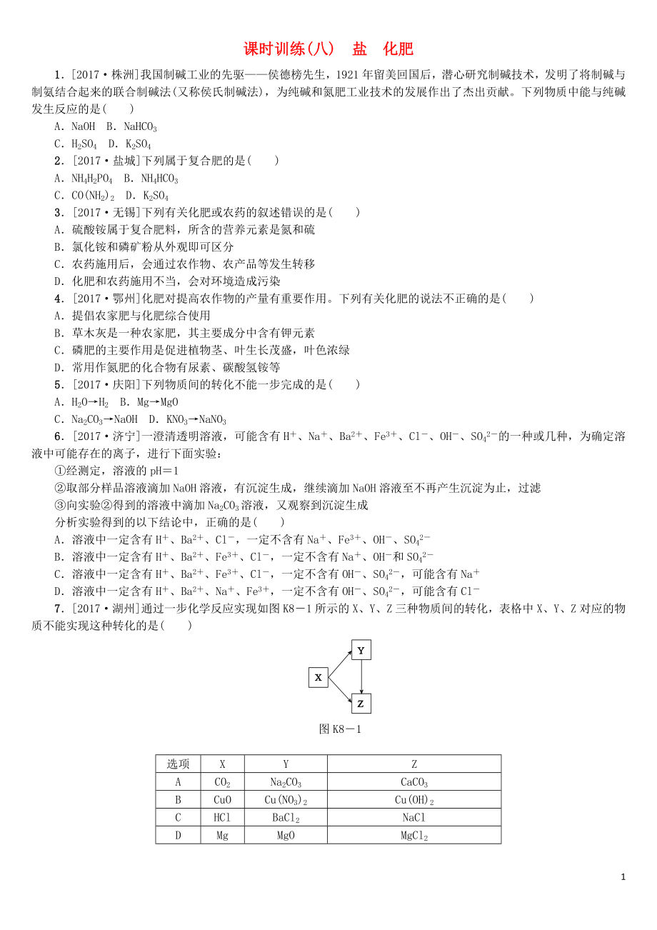 （山西专版）2018年中考化学复习方案 课时训练（八）盐 化肥_第1页