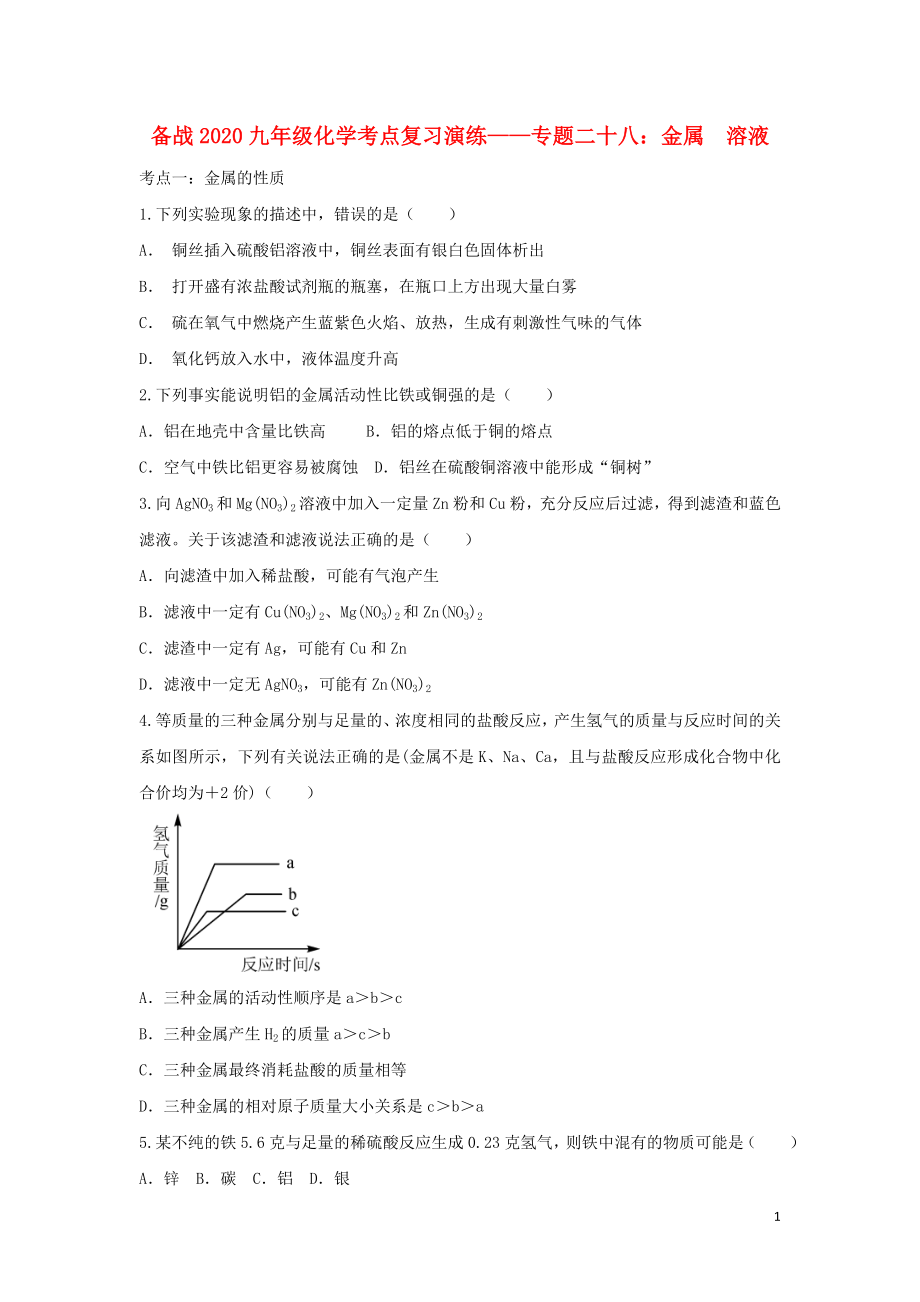 2020九年级化学考点复习演练 专题二十八 金属 溶液试题_第1页