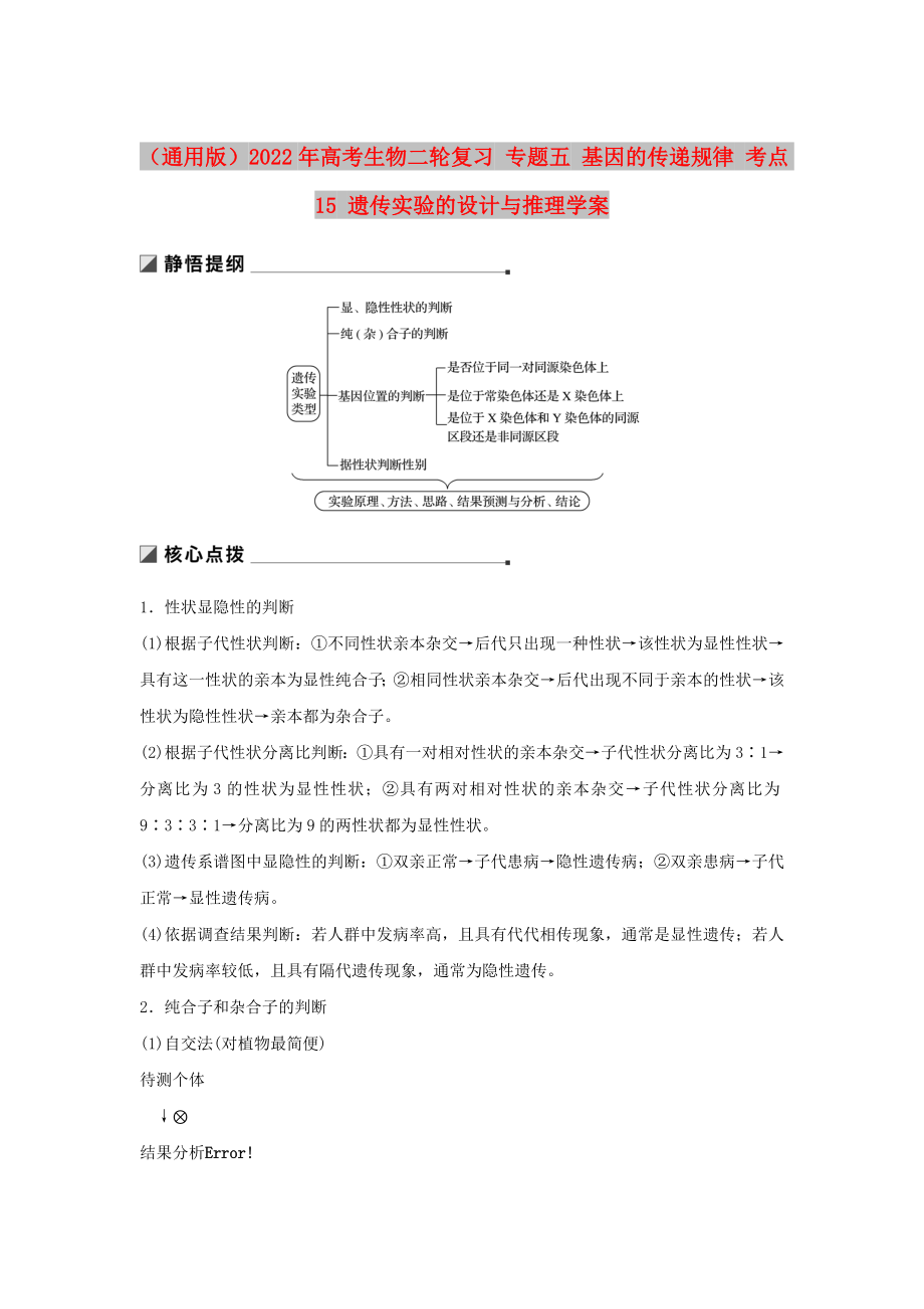 （通用版）2022年高考生物二輪復習 專題五 基因的傳遞規(guī)律 考點15 遺傳實驗的設計與推理學案_第1頁