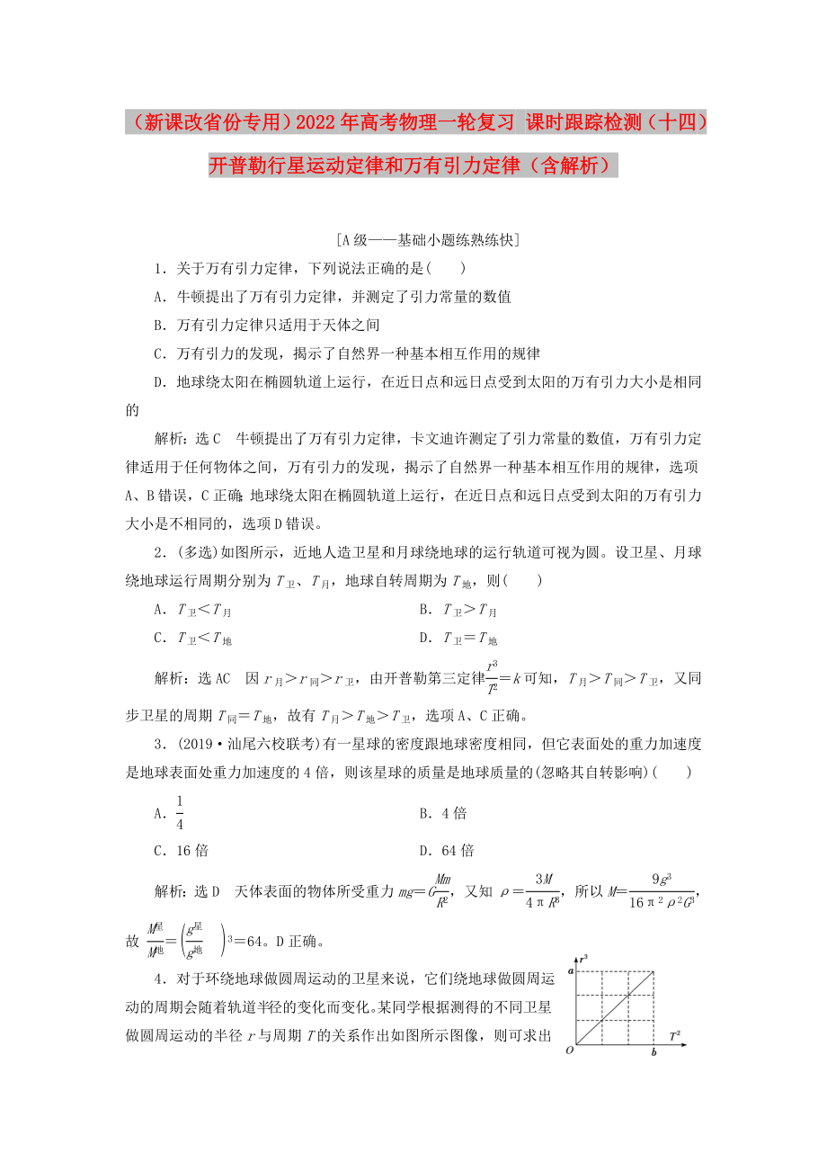 （新課改省份專用）2022年高考物理一輪復(fù)習(xí) 課時跟蹤檢測（十四）開普勒行星運(yùn)動定律和萬有引力定律（含解析）_第1頁