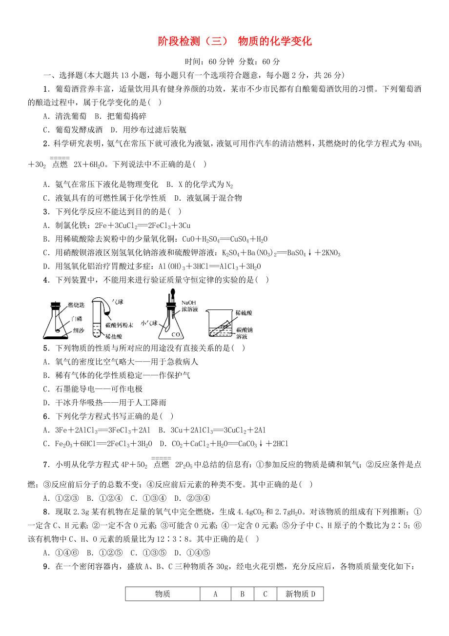 【中考命題研究】河北省2020中考化學(xué) 階段檢測（三）物質(zhì)的化學(xué)變化（無答案）_第1頁