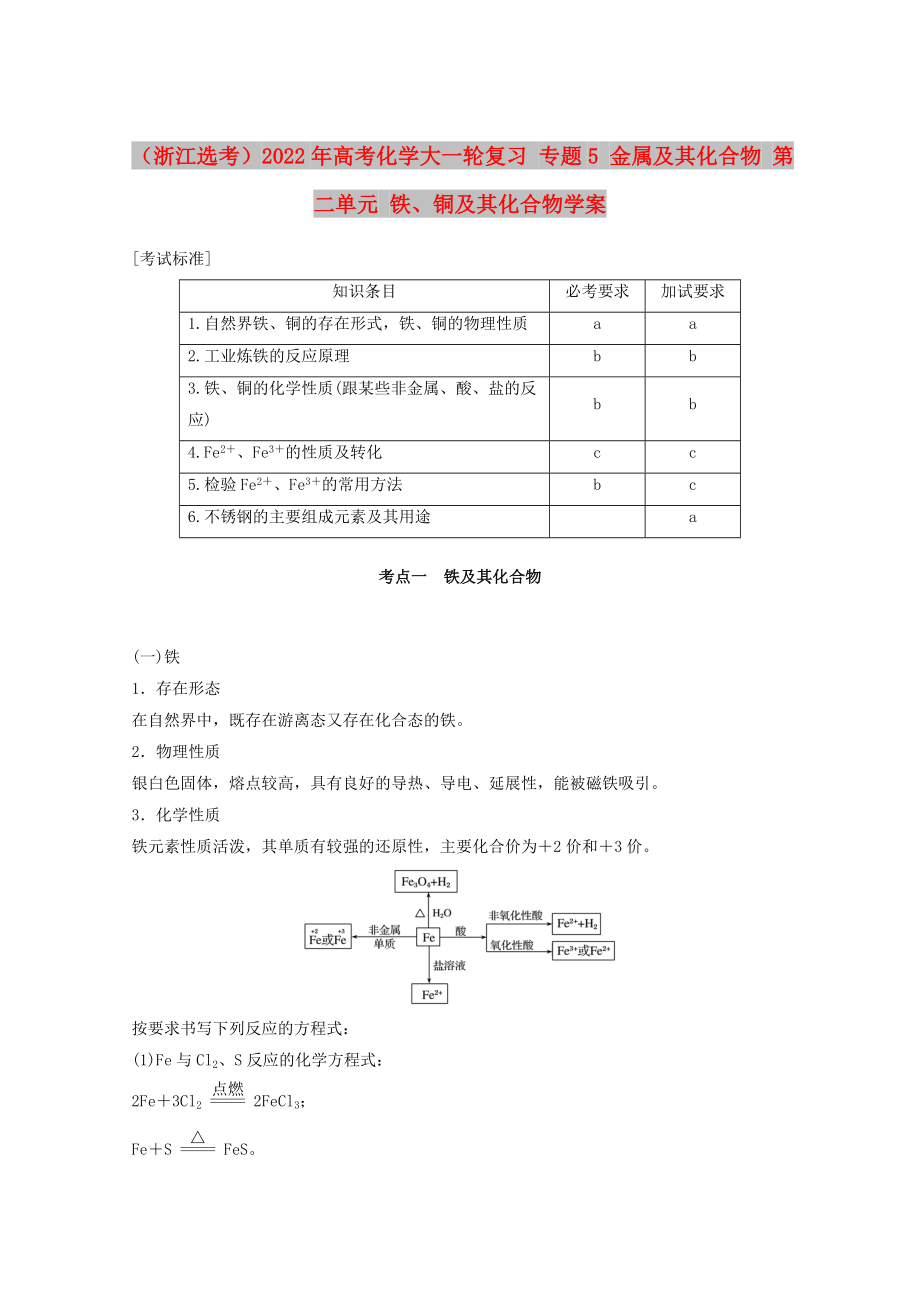 （浙江選考）2022年高考化學大一輪復習 專題5 金屬及其化合物 第二單元 鐵、銅及其化合物學案_第1頁