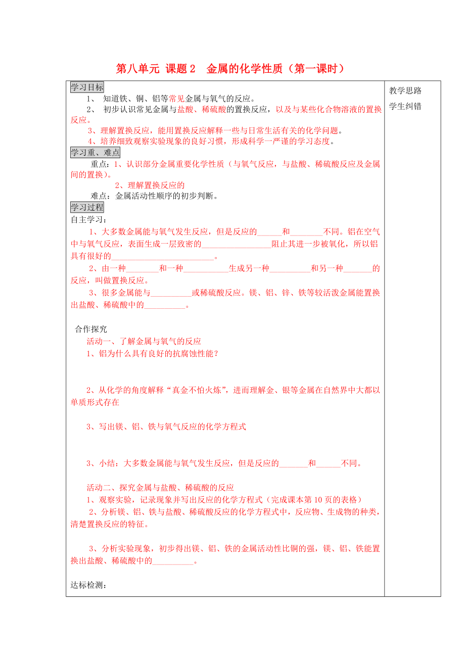 安徽省五河縣2020屆“三為主”課堂九年級(jí)化學(xué)下冊(cè) 第八單元 課題2 金屬的化學(xué)性質(zhì)（第1課時(shí)）導(dǎo)學(xué)案（無(wú)答案） 新人教版_第1頁(yè)