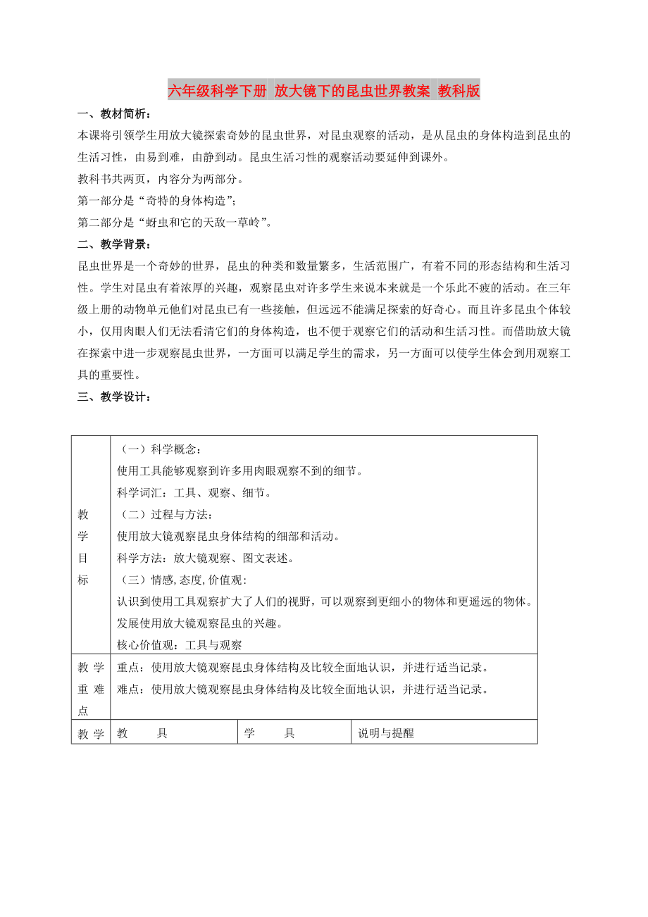 六年級科學(xué)下冊 放大鏡下的昆蟲世界教案 教科版_第1頁