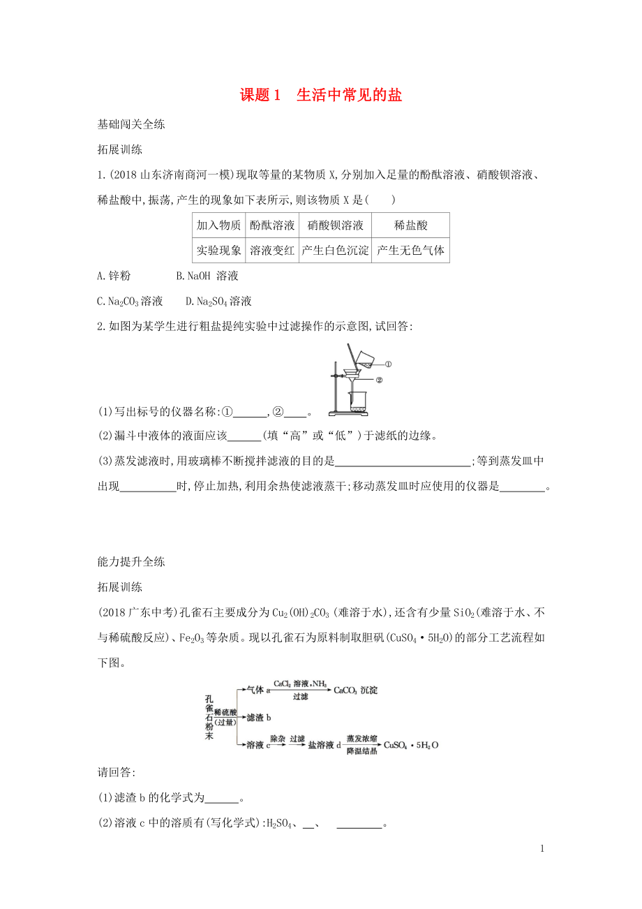 2019春九年級化學下冊 第十一單元 鹽 化肥 課題1 生活中常見的鹽習題練 （新版）新人教版_第1頁