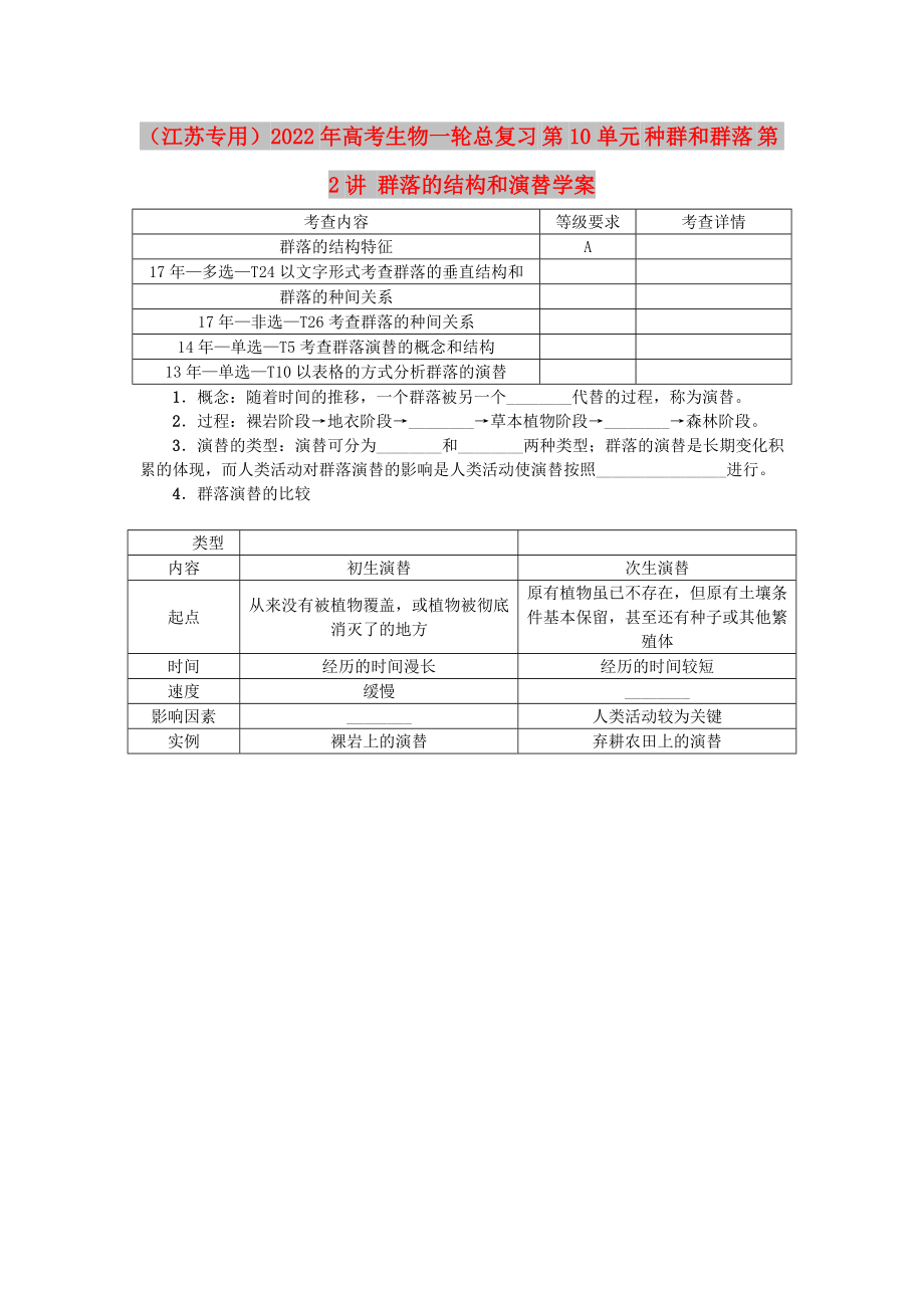 （江蘇專用）2022年高考生物一輪總復習 第10單元 種群和群落 第2講 群落的結構和演替學案_第1頁