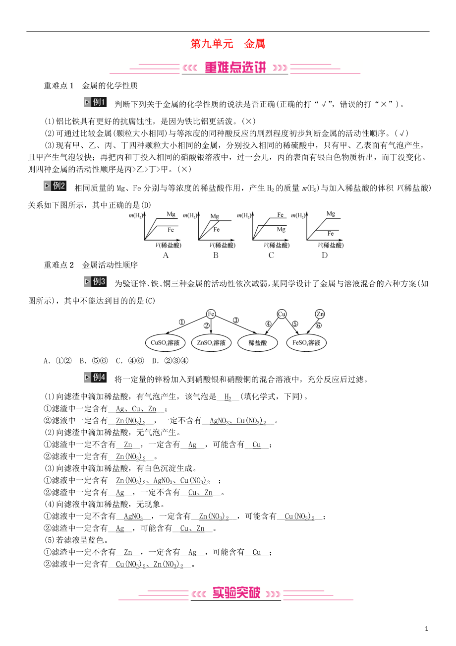 2019年中考化学总复习 教材考点梳理 第九单元 金属练习 鲁教版_第1页