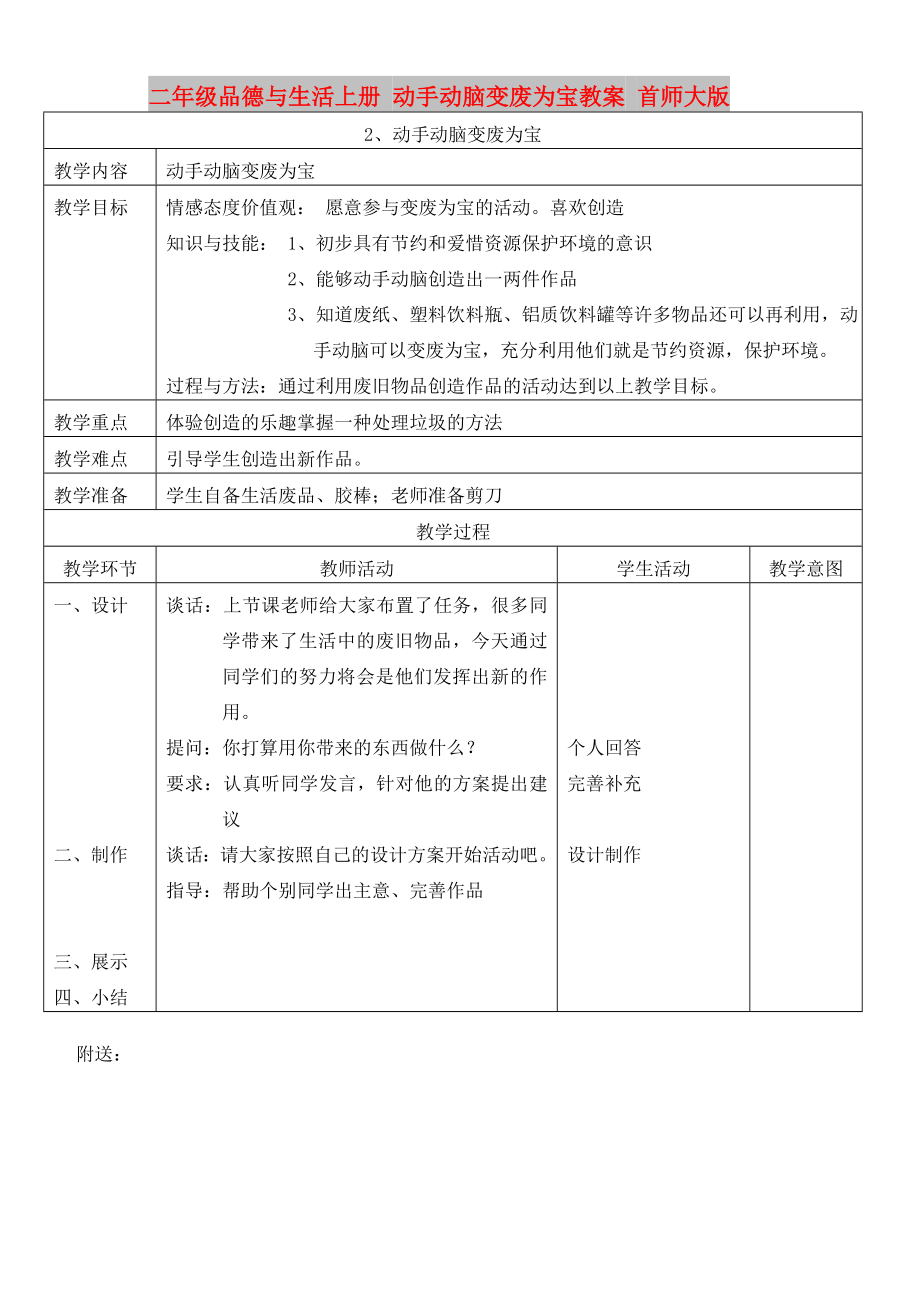 二年級品德與生活上冊 動手動腦變廢為寶教案 首師大版_第1頁