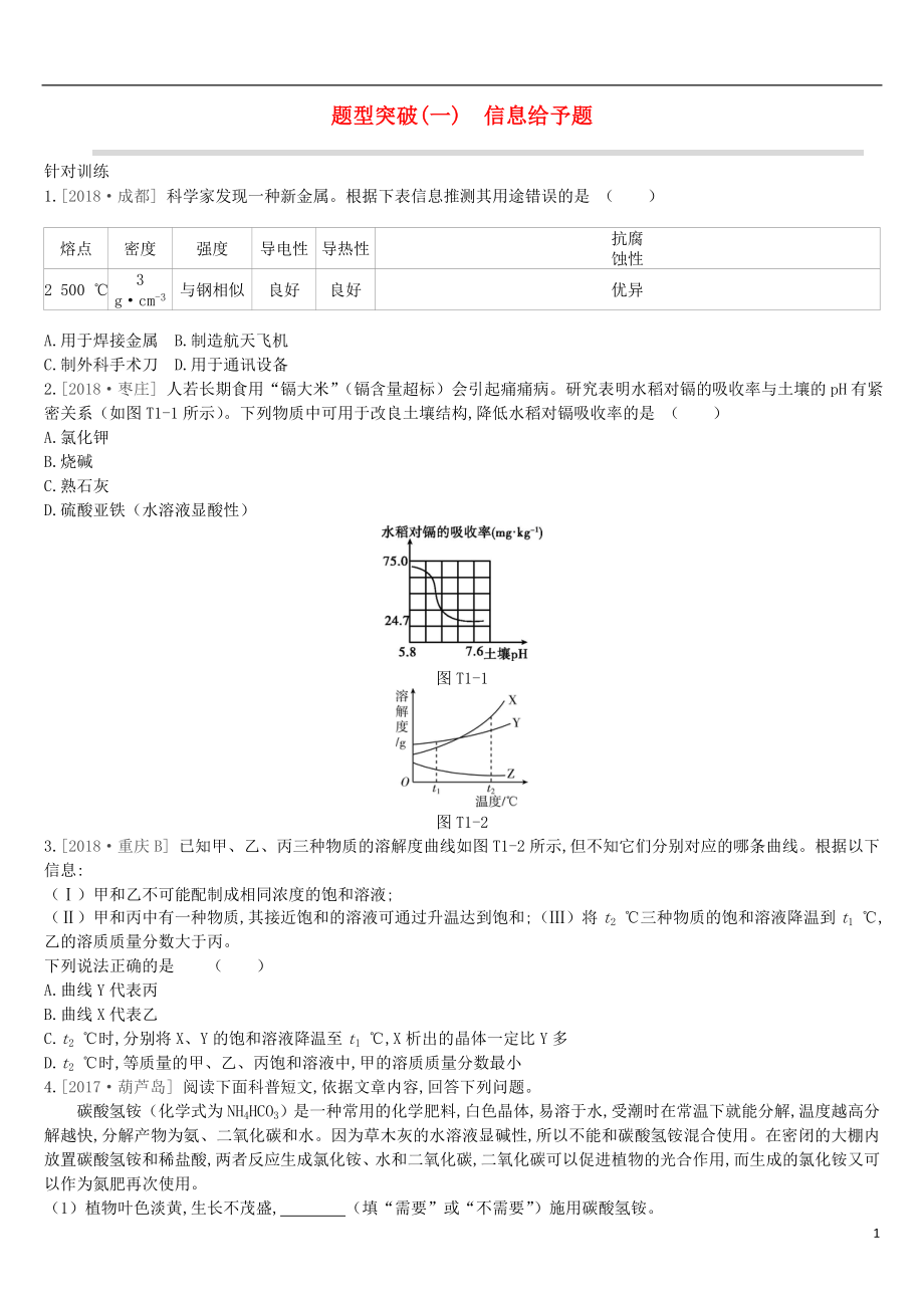 江蘇省徐州市2019年中考化學(xué)復(fù)習(xí) 題型突破（一）信息給予題練習(xí)_第1頁