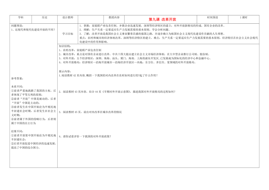 吉林省公主嶺市第4中學(xué)八年級(jí)歷史下冊(cè) 第9課改革開(kāi)放學(xué)案（無(wú)答案） 新人教版_第1頁(yè)