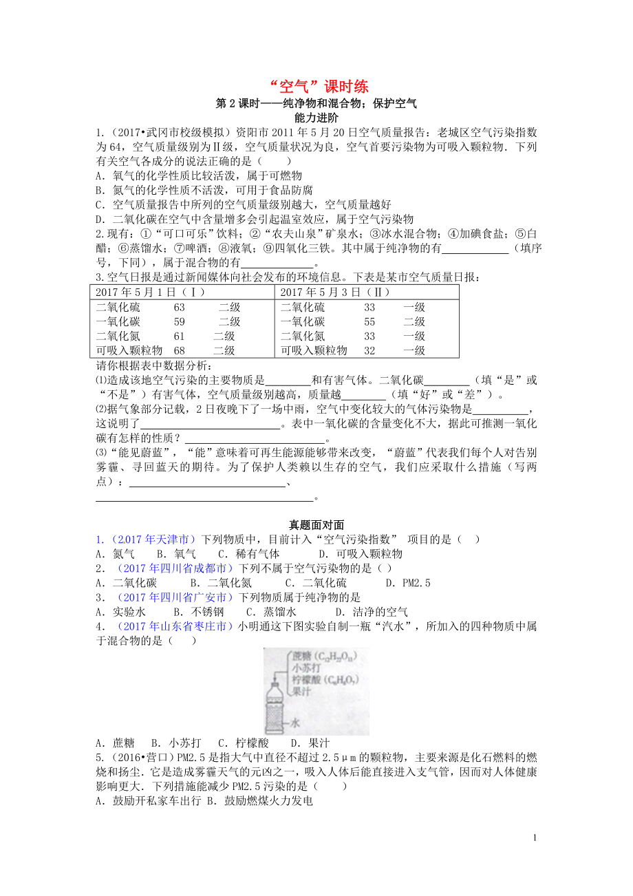 2018年秋季九年級(jí)化學(xué)上冊(cè) 第二單元 我們周圍的空氣 課題1 空氣 第2課時(shí) 純凈物和混合物；保護(hù)空氣（能力進(jìn)階+真題匯編）課時(shí)練 （新版）新人教版_第1頁(yè)