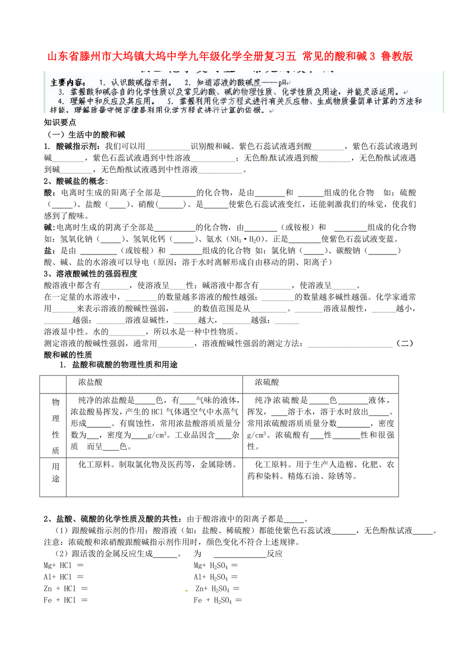 山東省滕州市大塢鎮(zhèn)大塢中學(xué)九年級化學(xué)全冊復(fù)習(xí)五 常見的酸和堿3（無答案） 魯教版（通用）_第1頁